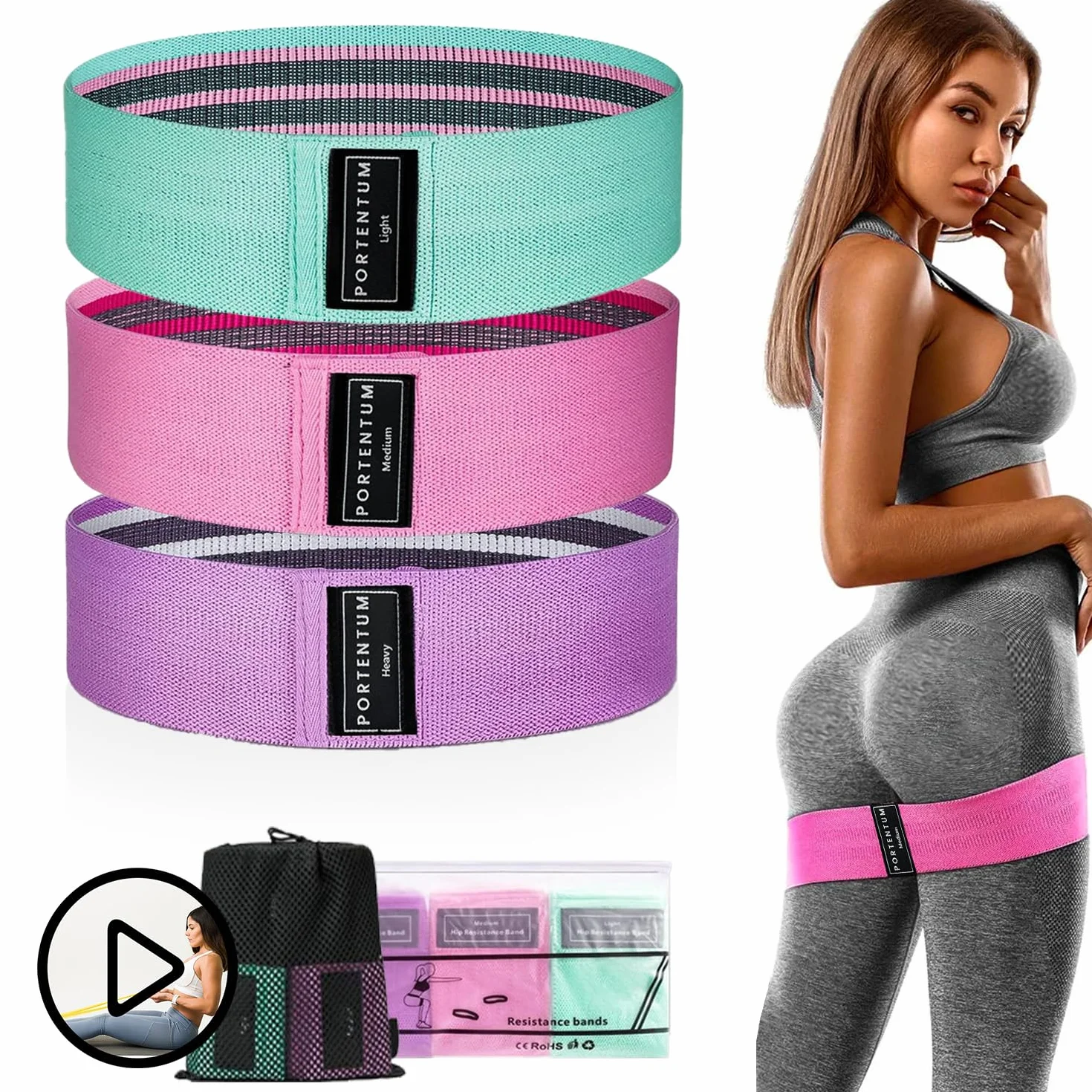 PORTENTUM Wstążki elastyczne do budowy mięśni, zestaw 3 elastycznych pasm fitness Anti-Slip Tkanina. 3 poziomy oporu dla Crossfit, Joga, Glutei i innych sportów i torby do przechowywania