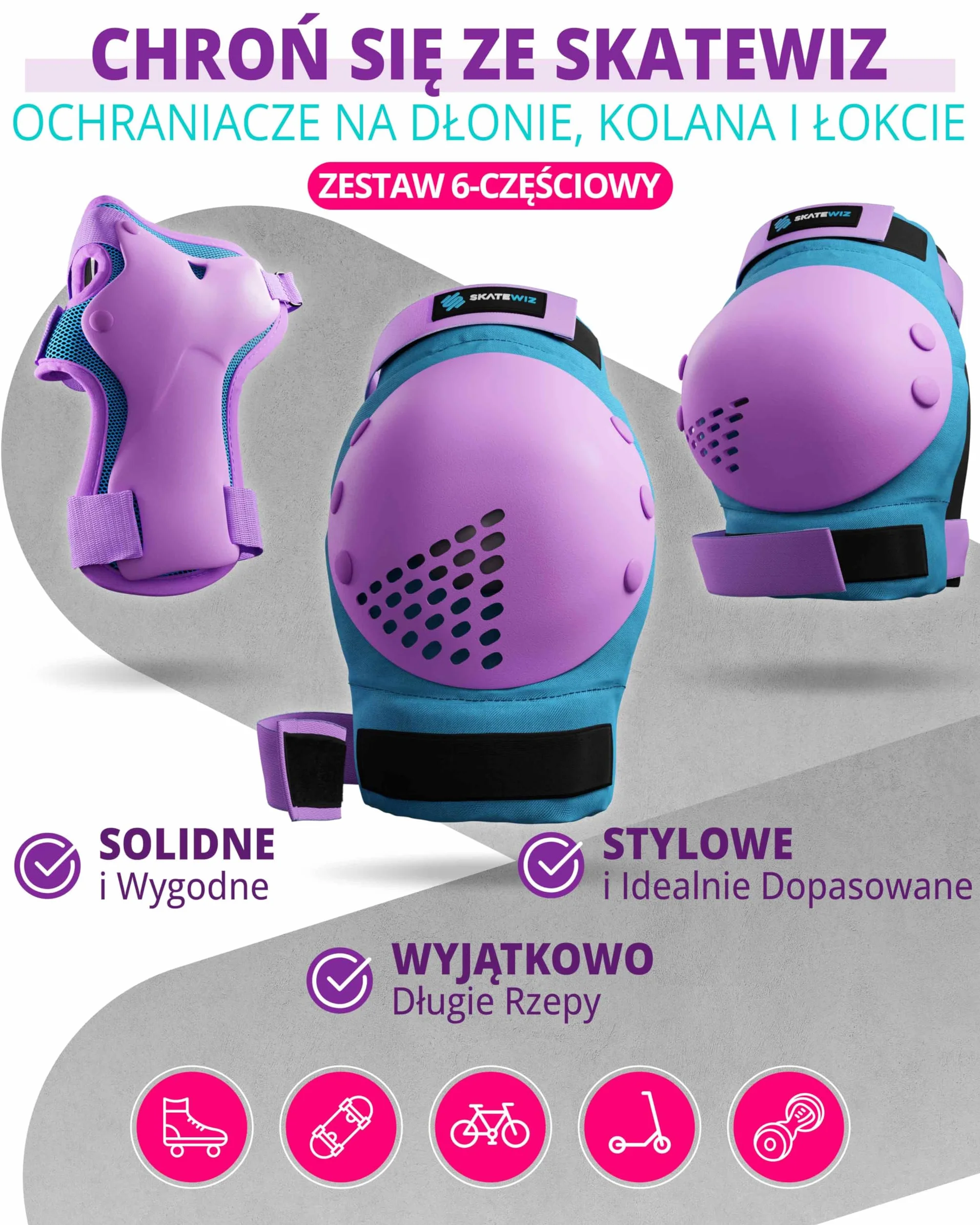 SKATEWIZ Ochraniacze na rolki dla dzieci i dorosłych – 6-częściowy zestaw ochraniaczy – nakolanniki dla dzieci z ochraniaczami na nadgarstki, kolana i łokcie