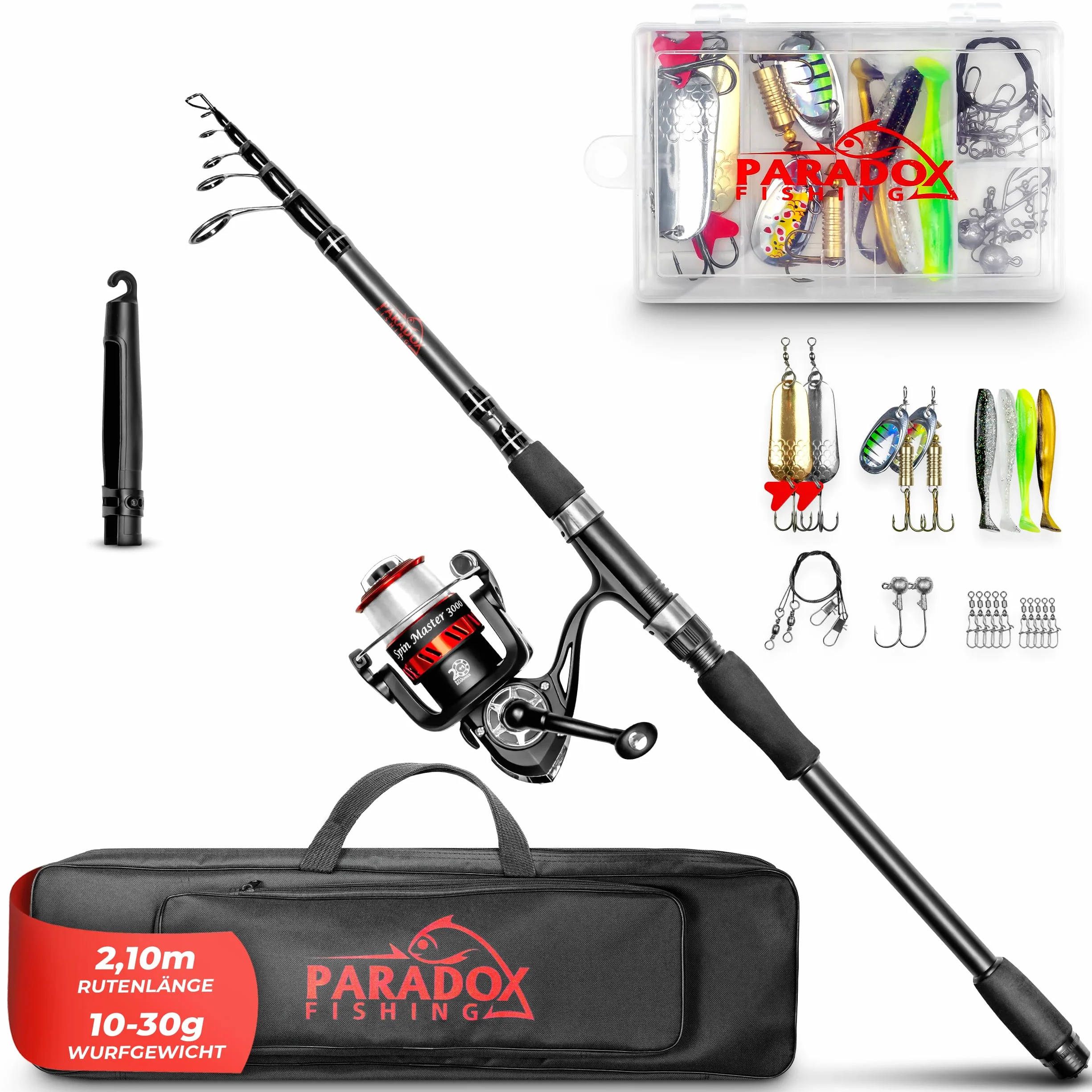 Paradox Fishing Zestaw wędek spinningowych 2,1 m/2,4 m/2,7 m teleskopowa z kołowrotkiem i akcesoriami