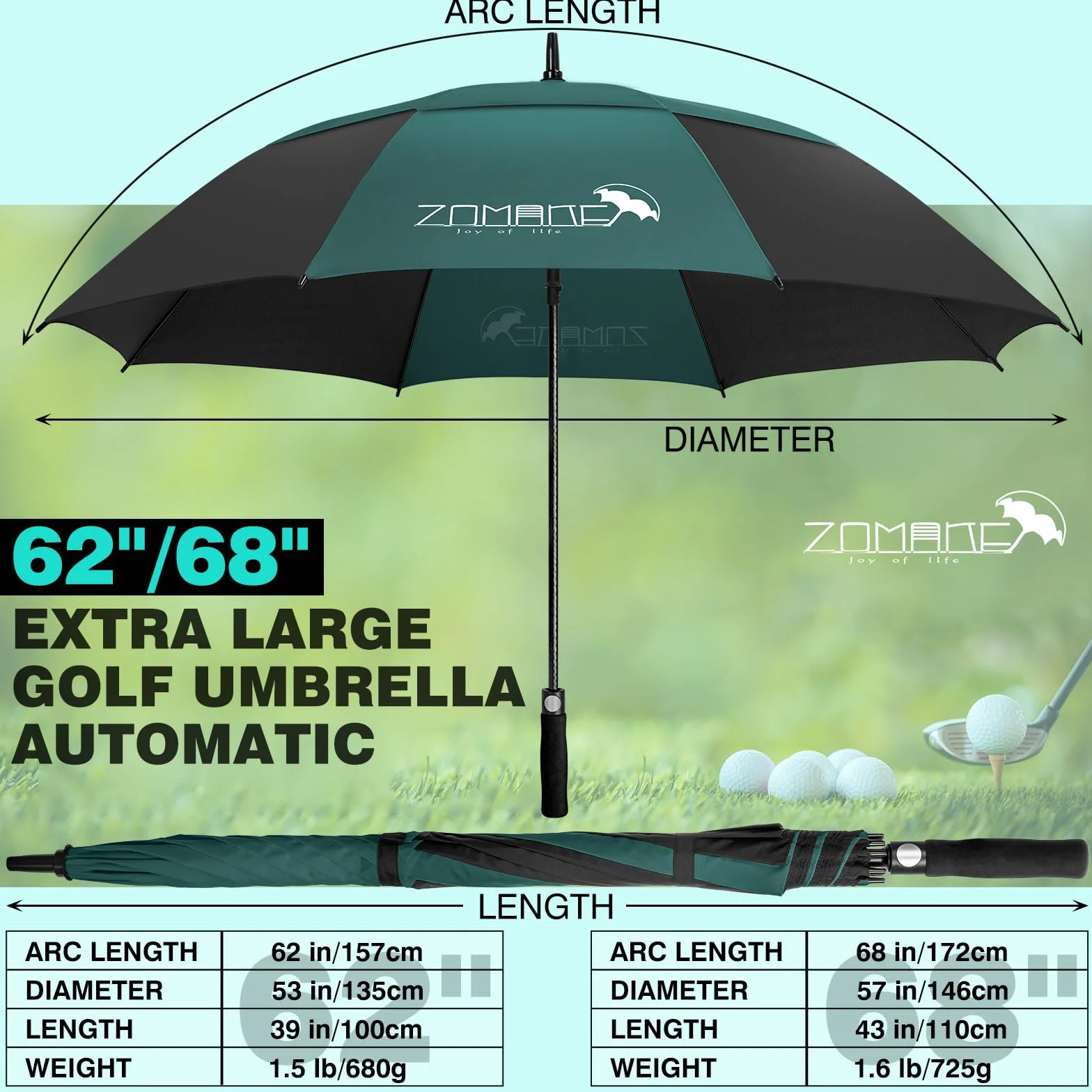 ZOMAKE Duża Parasolka Golfowa 62/68cale XL/XXL Wiatroodporna Mocna Parasol z Podwójnym Zadaszeniem i Wentylacją dla Mężczyzn