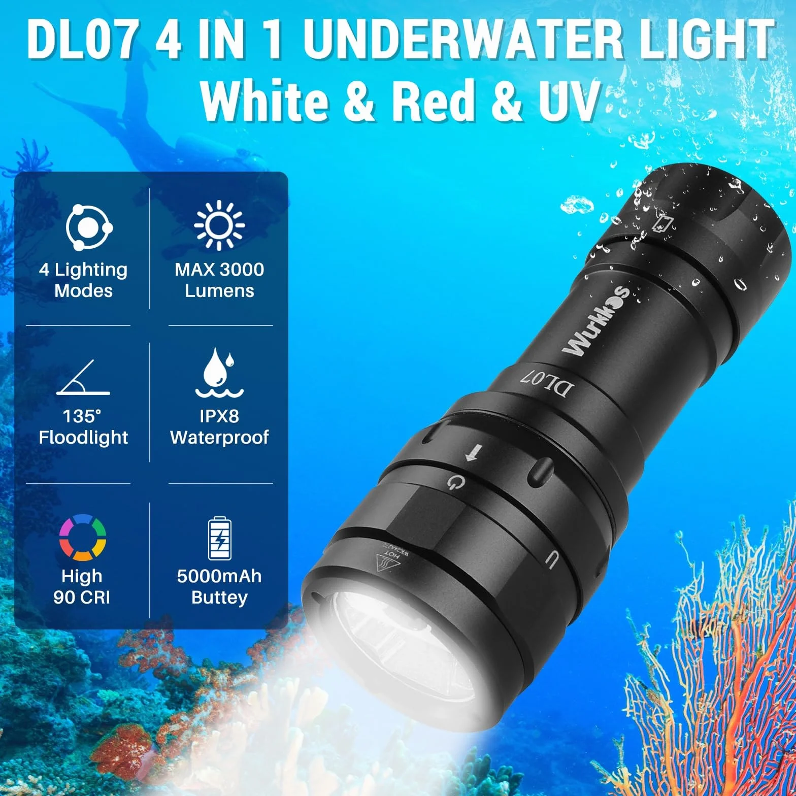 Wurkkos DL07 Lampa do Nurkowania 3000 Lumenów LED Latarka 100m Podwodne Oświetlenie Fotograficzne USB