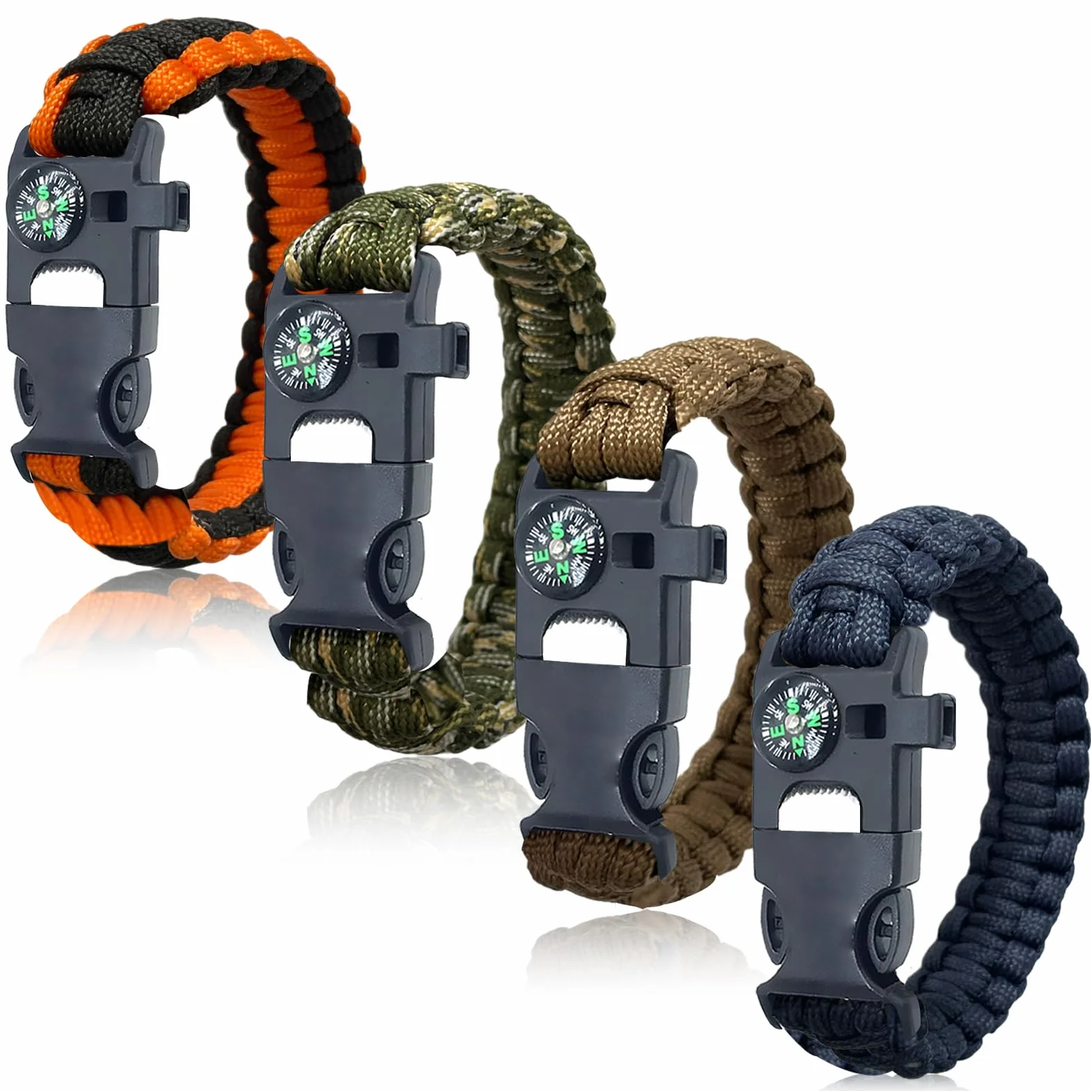 4-pak bransoletek survivalowych, 5 w 1, zestaw bransoletek paracord, z rozrusznikiem, kompasem i gwizdkiem, awaryjny sprzęt outdoorowy na kemping, wędrówki
