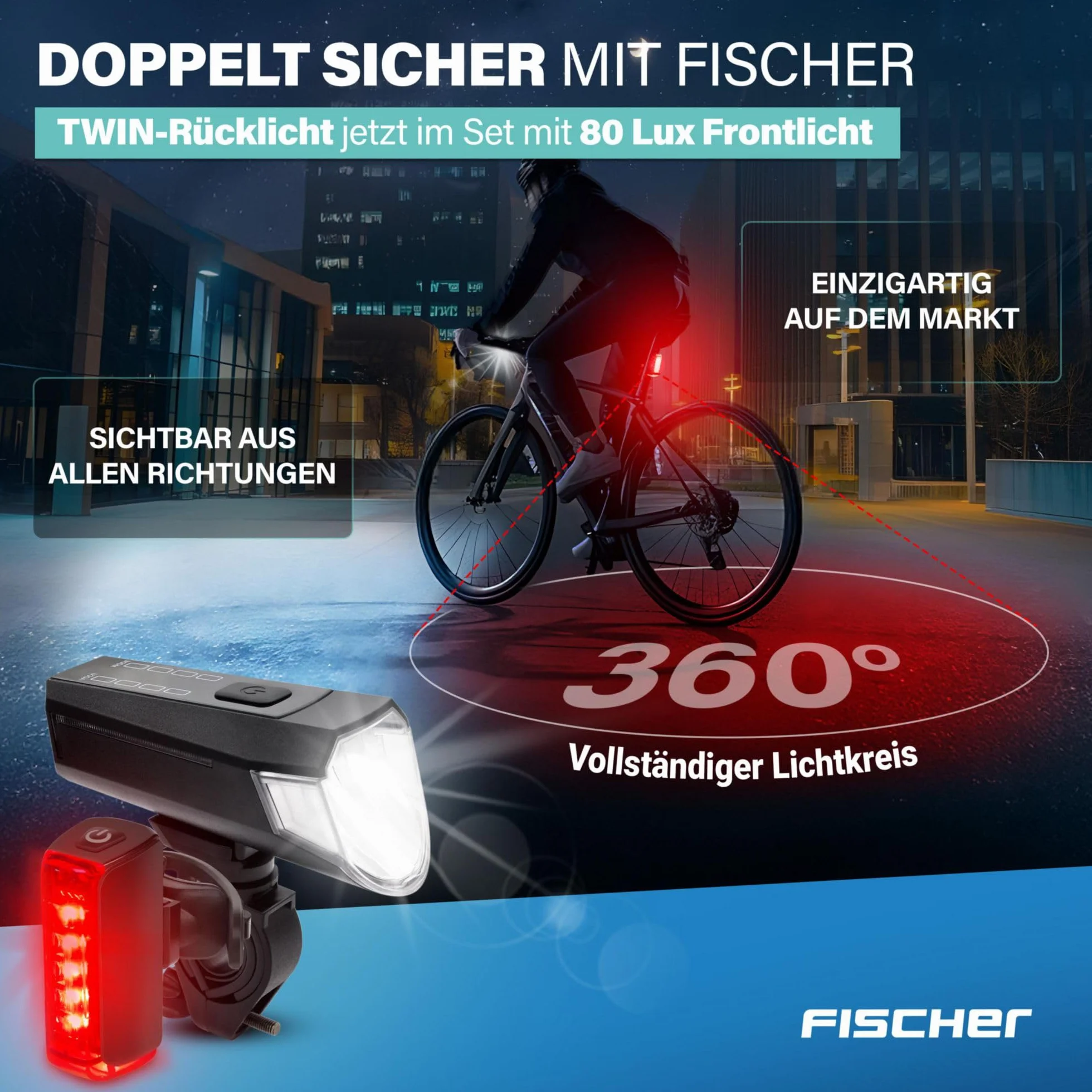Fischer Twin zestaw świateł rowerowych, oświetlenie podłogowe 360°, lampa rowerowa LED 80 luksów, akumulator ładowany przez USB C, montaż bez użycia narzędzi z przodu i z tyłu