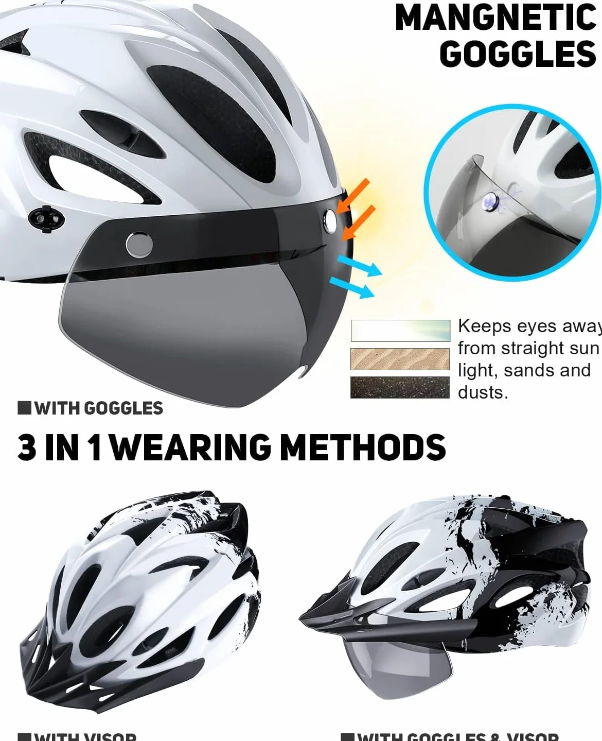 Kask rowerowy dla mężczyzn i kobiet, lekki kask rowerowy ze światłem LED, magnetyczna osłona przeciwsłoneczna, rower górski i szosowy, dla dorosłych, regulowany rozmiar 57-62 cm