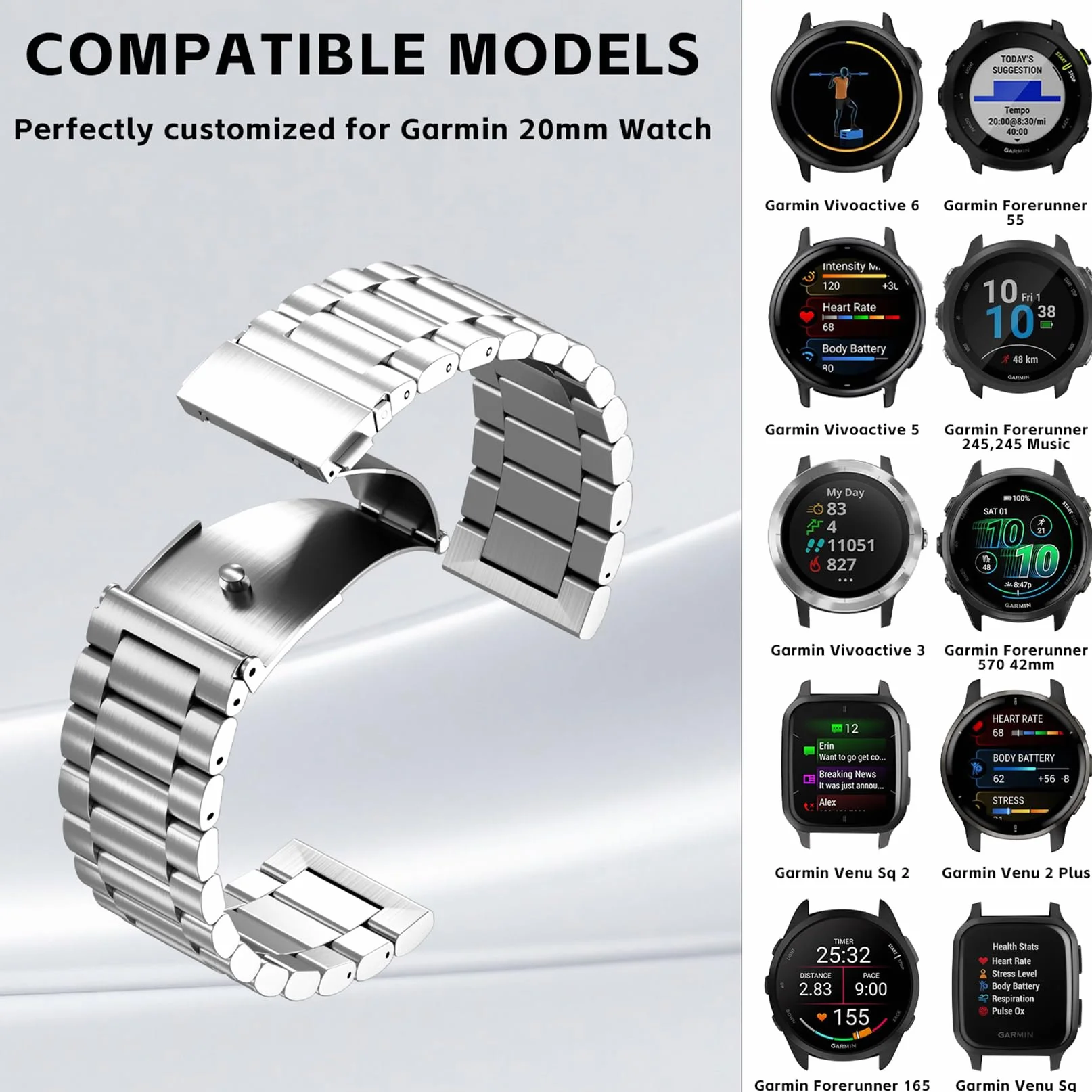 Bransoletka kompatybilna z Garmin Vivoactive 5 / Forerunner 245/645/55,20 mm, stal nierdzewna, metalowy pasek zamienny do Venu Sq/2 Plus, dla mężczyzn i kobiet