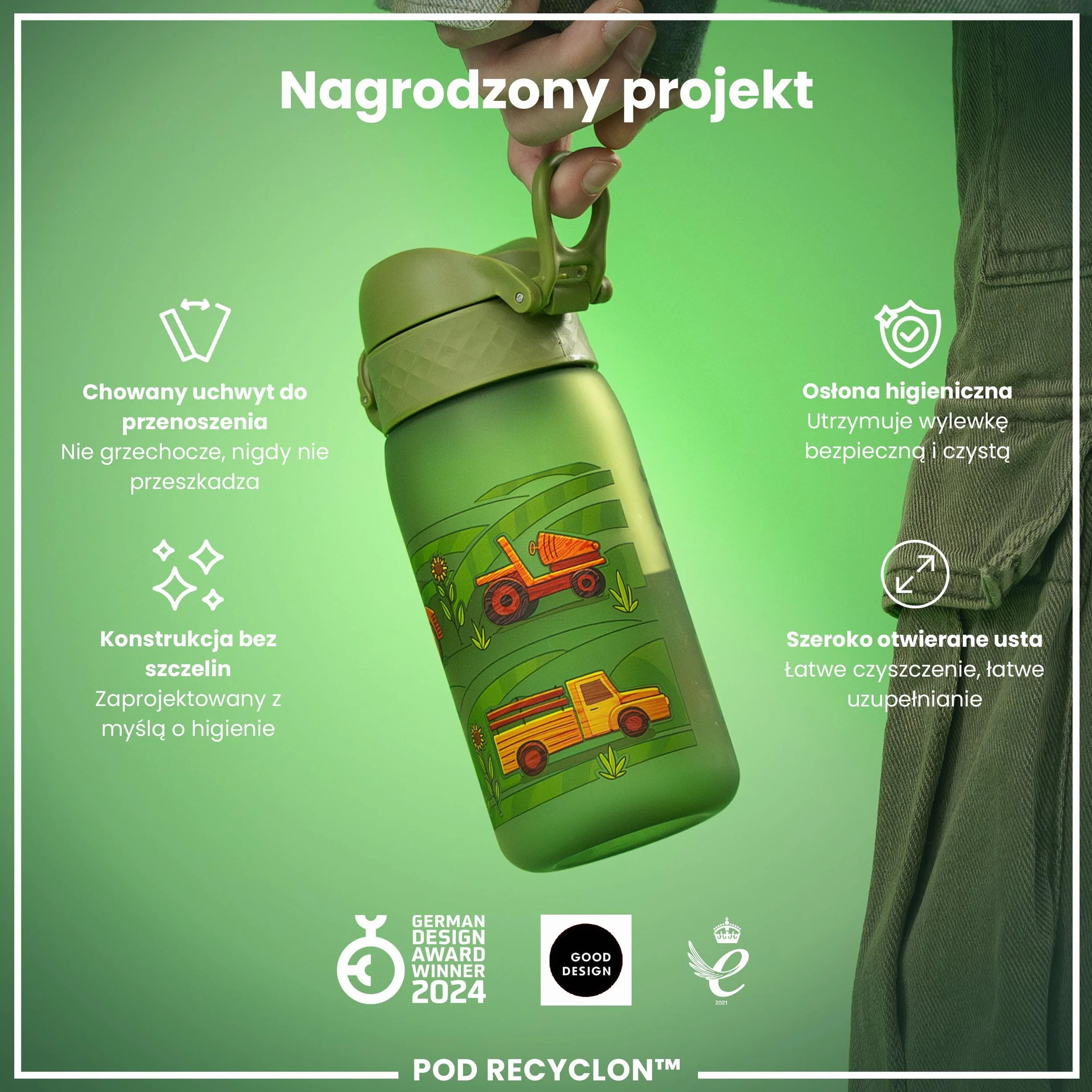 ION8 Butelka dla Dzieci, 350 ml/12 oz, Szczelna, Łatwa do Otwarcia, Bezpieczny Zamek, Można Myć w Zmywarce, Bez BPA, Uchwyt do Przenoszenia, Łatwa do Czyszczenia, Bezwonny, Maszyny Rolnicze