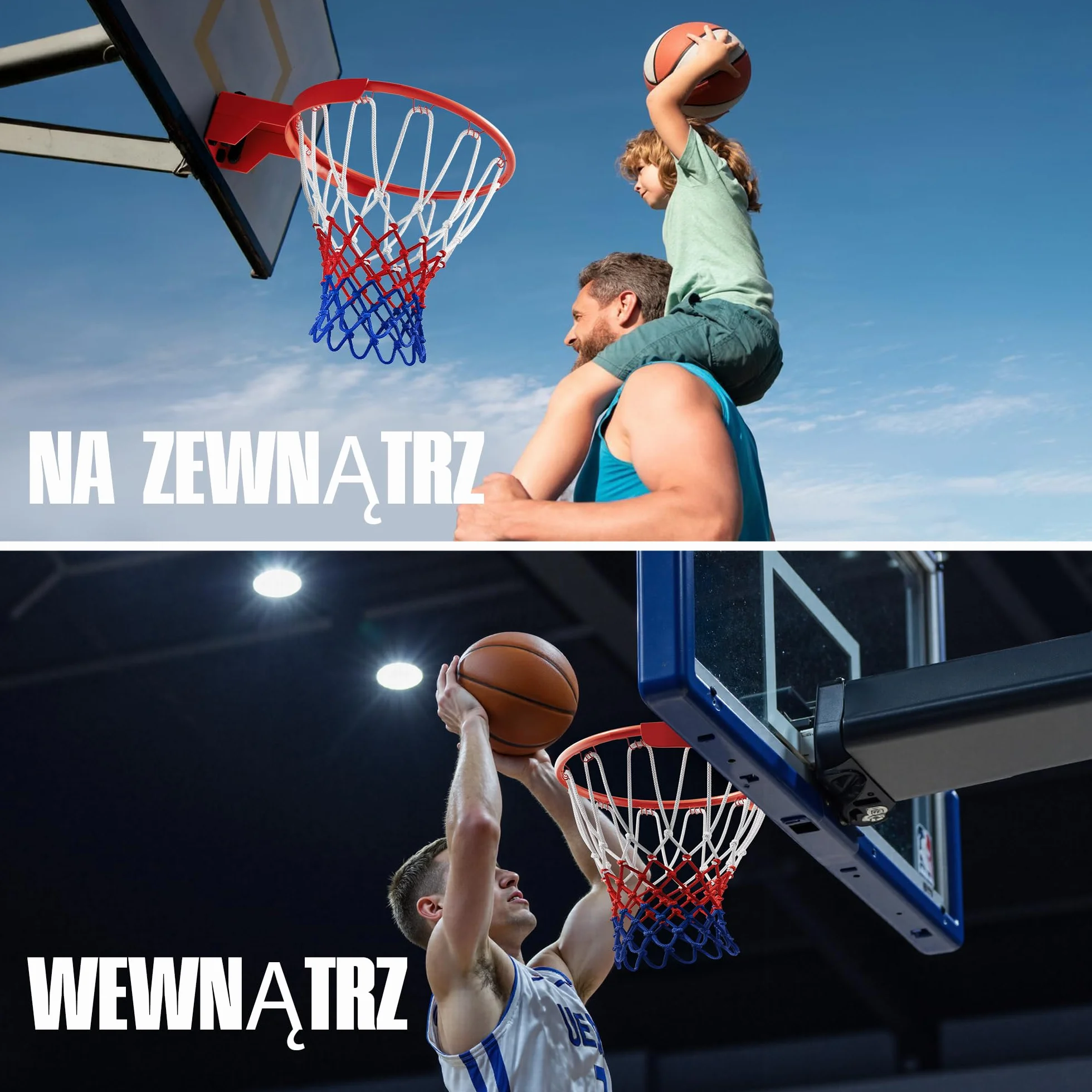 2x Siatka do Koszykówki 150g – Wytrzymała Siatka Zapasowa na Kosz – Na Zewnątrz, Odporna na Warunki Atmosferyczne, 12 Pętli – Biała, Czerwona i Niebieska