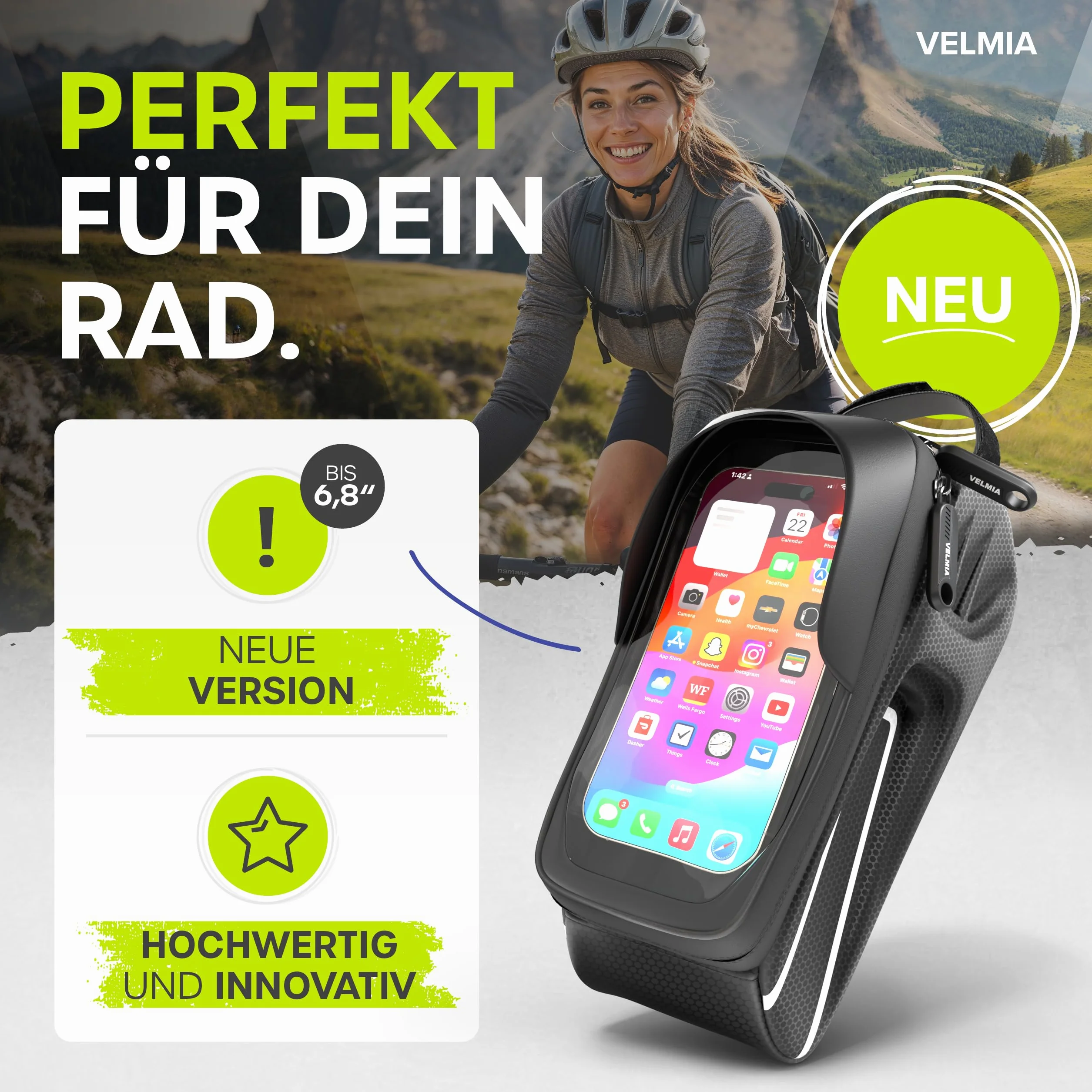 Velmia Uchwyt rowerowy na telefon i torba na ramę | Smartfony do 6,7 cala, pojemność 1,3 litra | 100% wodoodporna i funkcjonalna ochrona dotykowa | Odblaskowa, trwała, łatwa w instalacji | Akcesoria