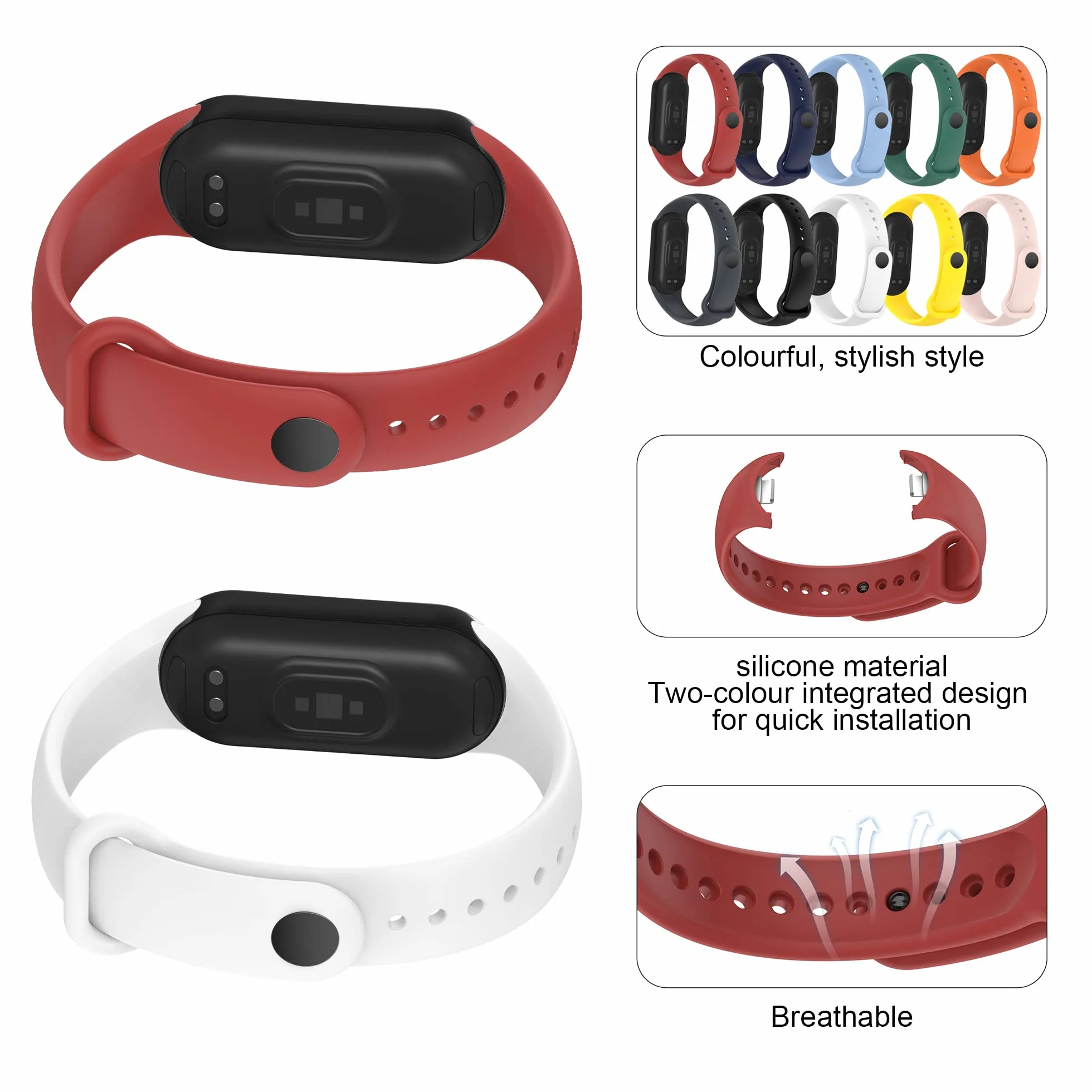 Pasek kompatybilny z zegarkiem Xiaomi Mi Band 8, silikonowe paski zastępcze, regulowane paski do smartwatcha Xiaomi Band 8, akcesoria do smartwatcha (czarny + czerwony), Silikon, Bez kamieni