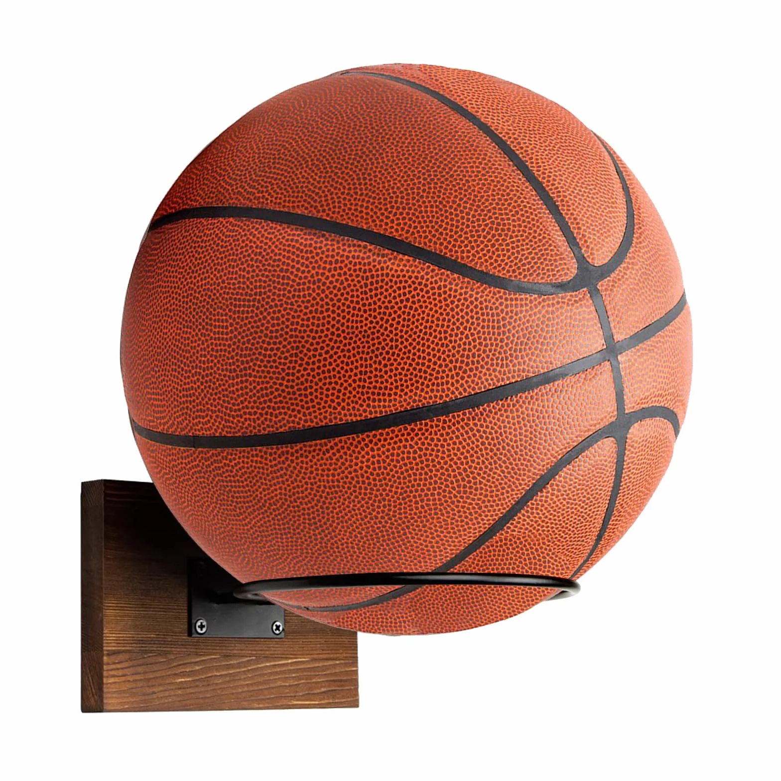 Uchwyt ścienny na piłkę sportową, metalowy uchwyt na piłkę, czarny, uchwyt do koszykówki, z drewnianymi wspornikami i śrubami do piłek do koszykówki, siatkówki, piłki nożnej, rugby (czarny)