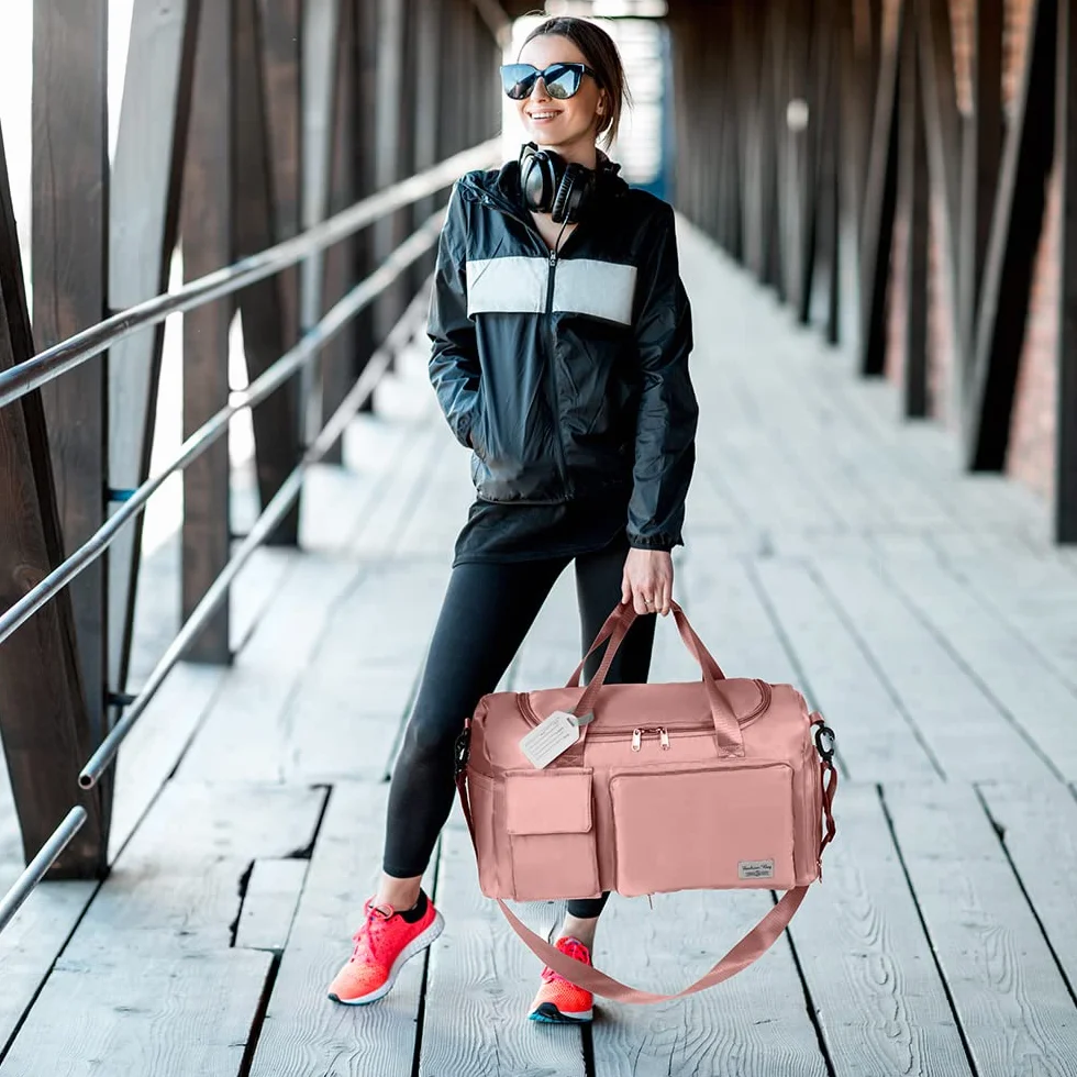 Flintronic Składana torba podróżna, 35 l, duża torba weekendowa na nocleg, torba na urlop, wodoszczelna torba sportowa dla mężczyzn i kobiet (z 1 zawieszką na bagaż), #3 Pink-a, 28*22*4.5CM