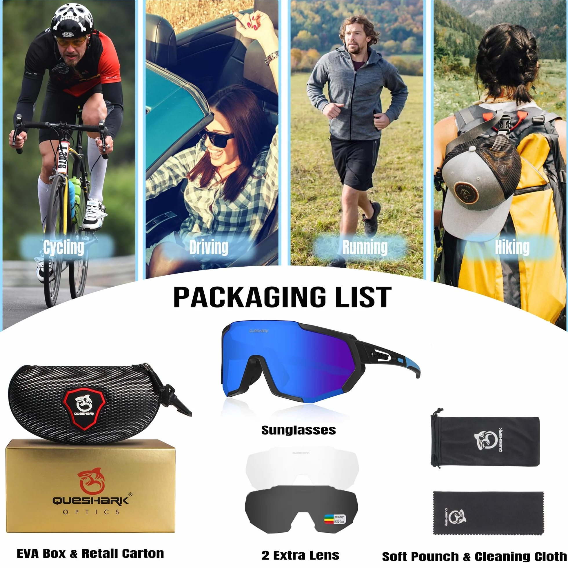 Queshark Okulary Rowerowe Spolaryzowane Sportowe Okulary Przeciwsłoneczne TR90 Unbreakable Frame Okulary Rowerowe Dla Kobiet Mężczyzn z 3 Wymiennymi Soczewkami Anti-UV400 do Jazdy Wędkarstwo Glof Baseball Bieganie Piesze Wycieczki