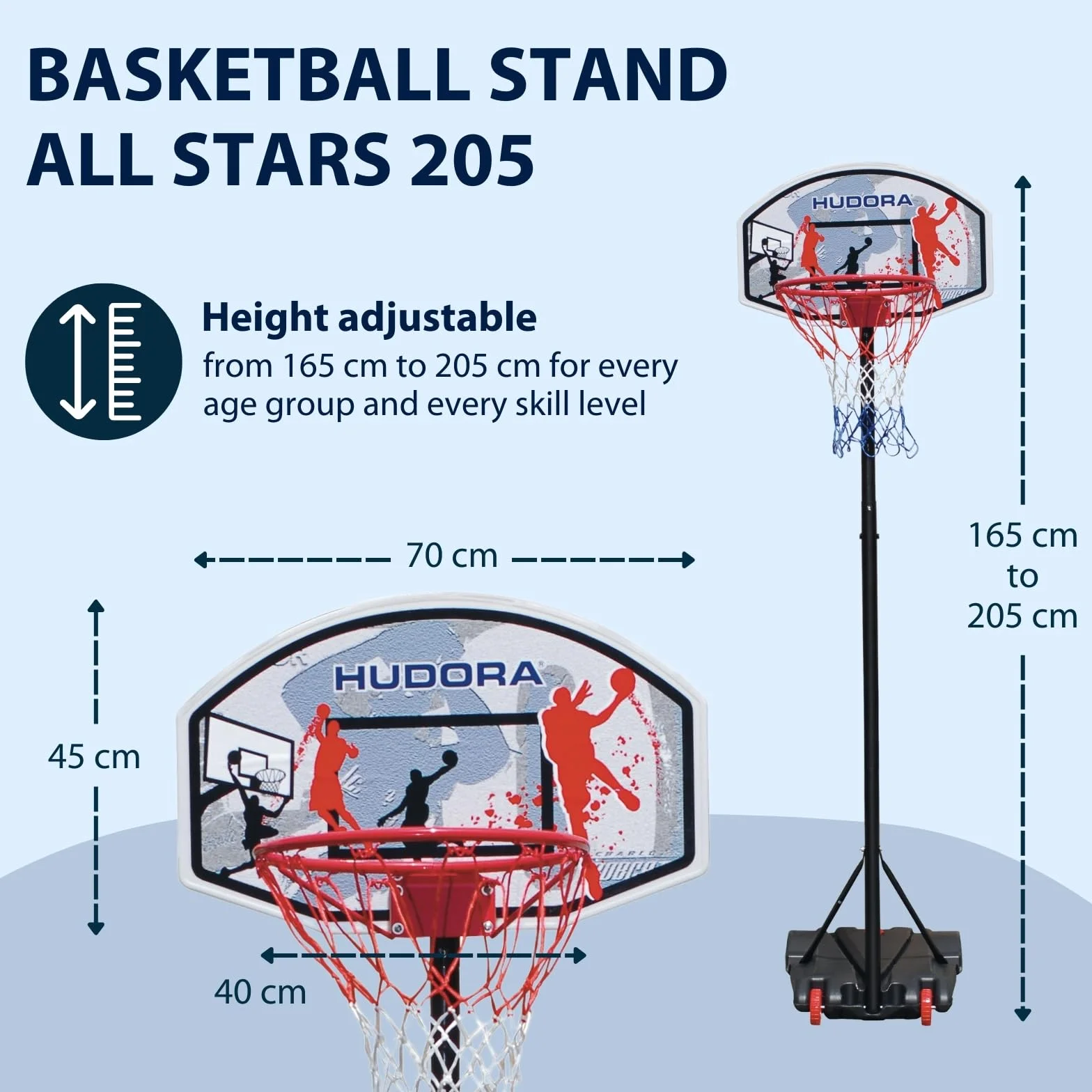 Hudora Youth All Stars Tablica Do Koszykówki, Wielokolorowy, 165-205 cm
