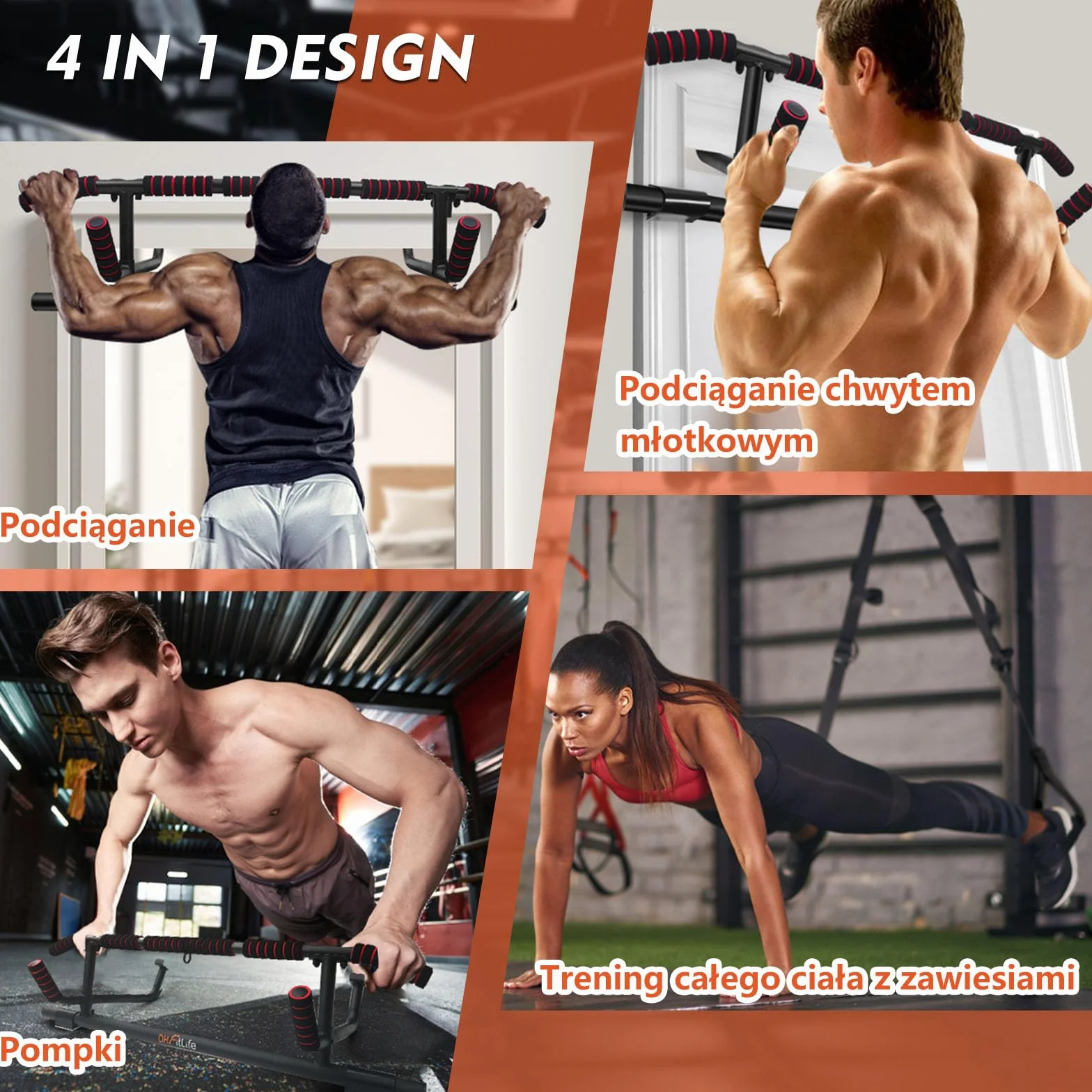 DH FitLife Drążek do podciągania na futrynie drzwi bez śrub | Pull up bar Doorway | Drążek gimnastyczny do zawieszenia | drążek na drzwi z trenażerem pętelkowym | Do futryny drzwi 70-92 cm