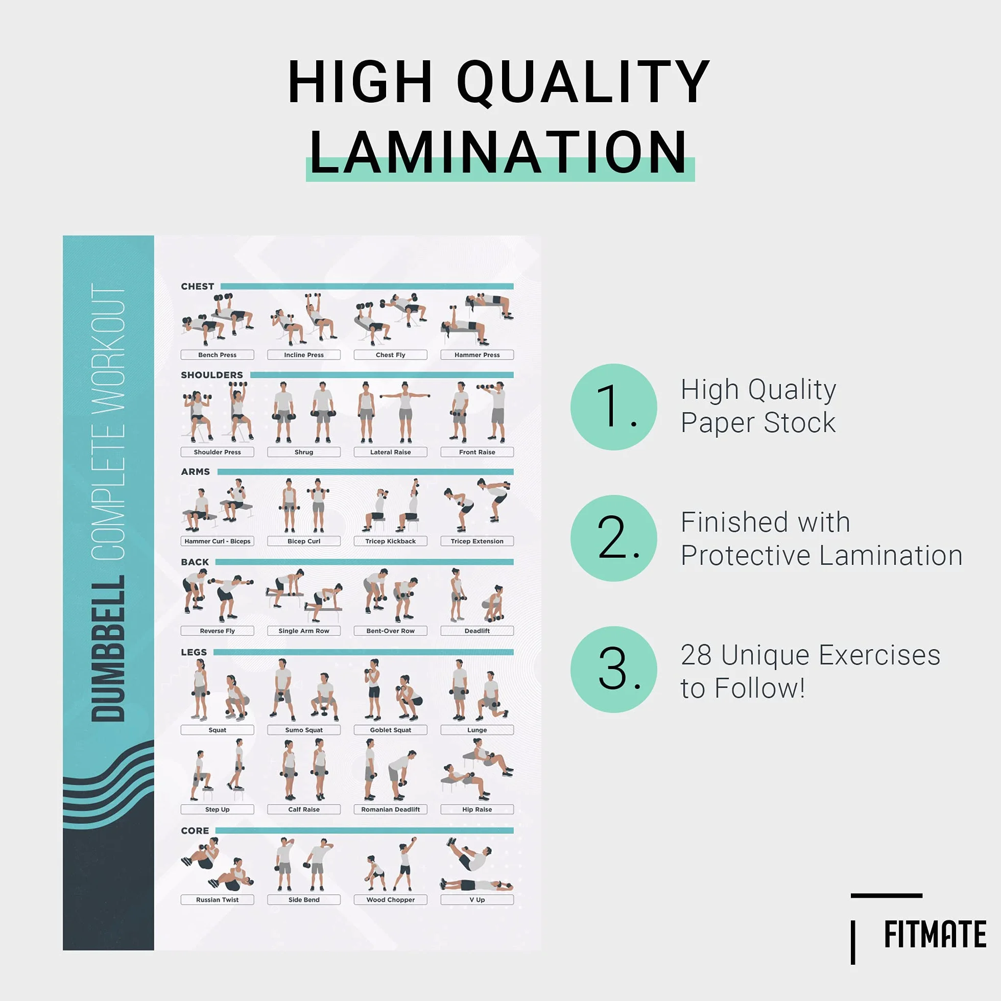 PosterMate - FitMate zestaw plakatów treningowych, 8 sztuk, hantle, sztanga, kettlebell i wiele innych rutynowych treningów gimnastycznych z bezpłatnymi ciężarami (51 x 76 cm)