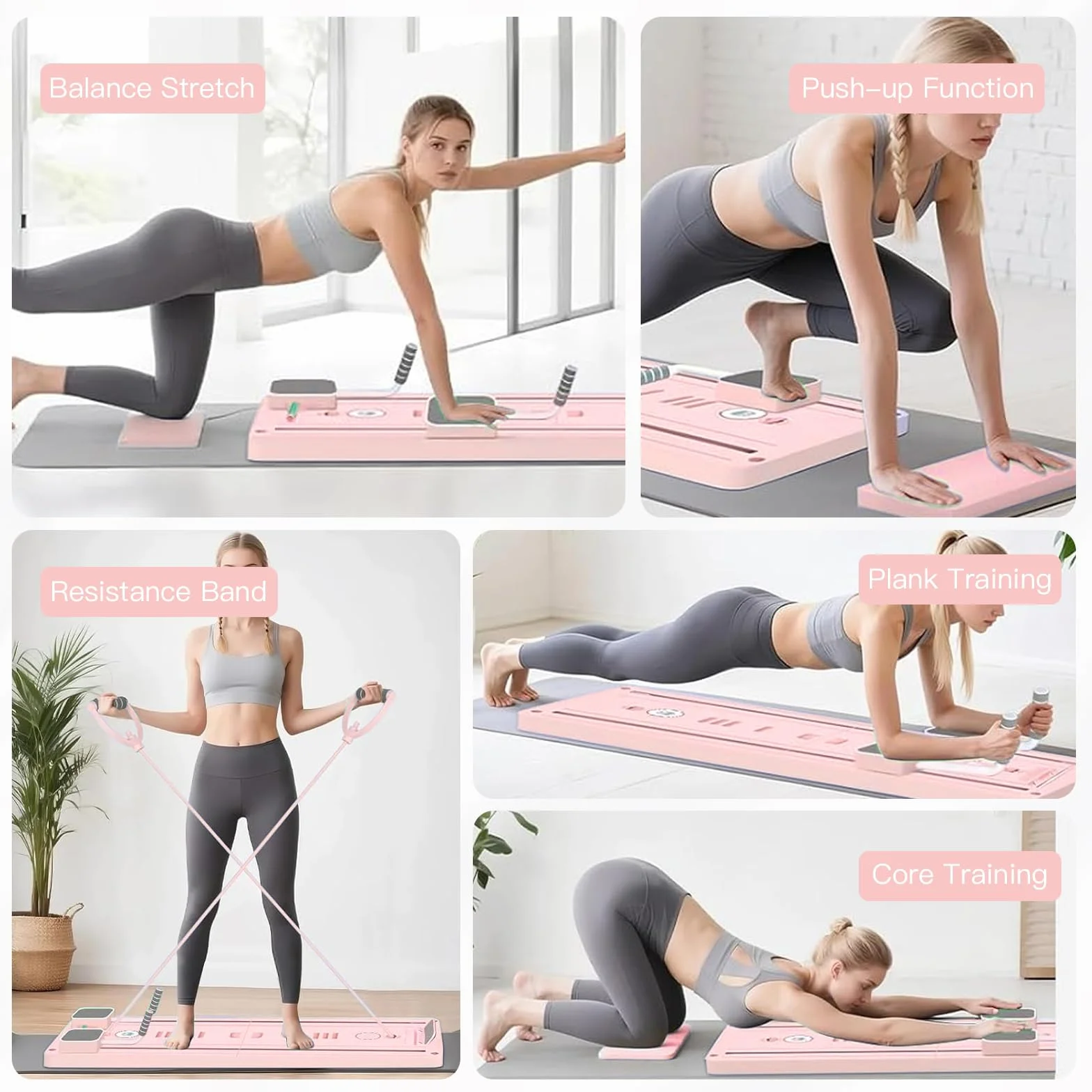 Deska do pilatesu do domu, 5 En 1, składana mini deska do pilatesu z timerem, do treningu rdzenia, talii, nóg, ramion i pleców, 2025 ulepszona maszyna do pilatesu (różowa)