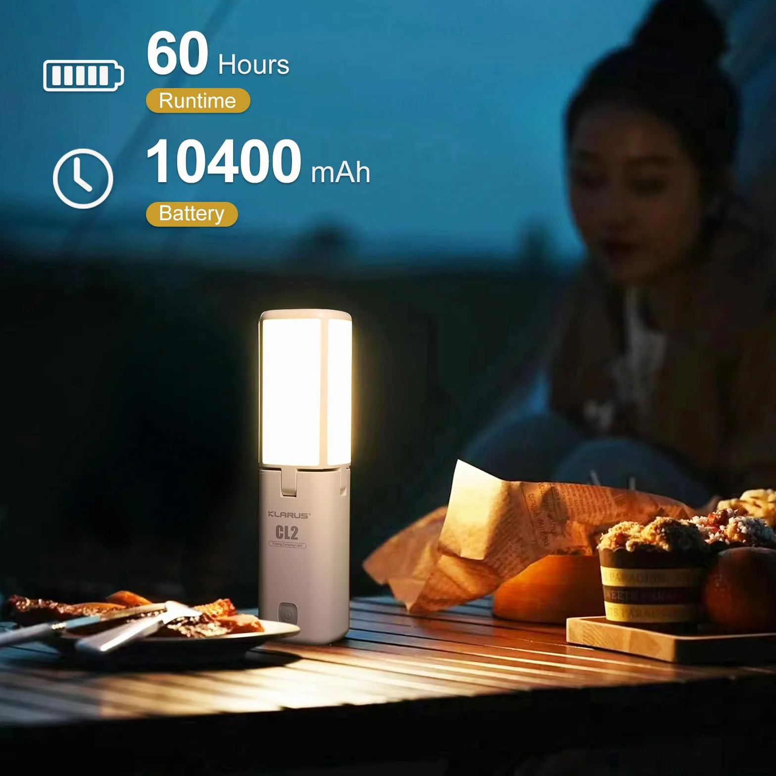 KLARUS CL2 Wielofunkcyjna latarnia kempingowa, ładowalna lampa kempingowa 10000 mAh, składana lampa kempingowa 750 lumenów z 8 trybami światła, wodoodporna latarnia LED IPX5 do namiotów na zewnątrz