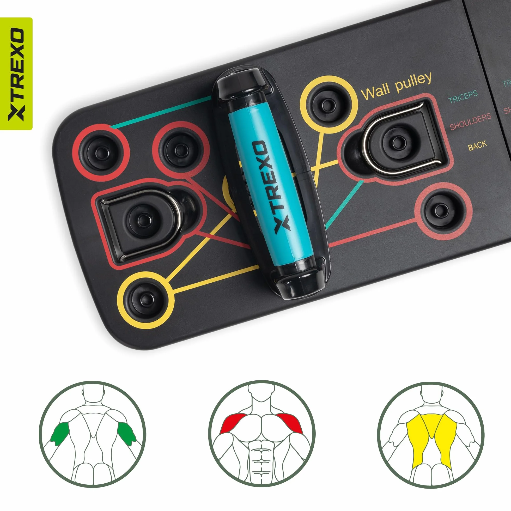 XTREXO Wielofunkcyjna deska do pompek w kolorze czarnym, z kodami kolorystycznymi, urządzenie do fitnessu z tworzywa ABS i TP Comapect, 66 x 20 x 2 cm, uniwersalny trening siłowy, antypoślizgowe