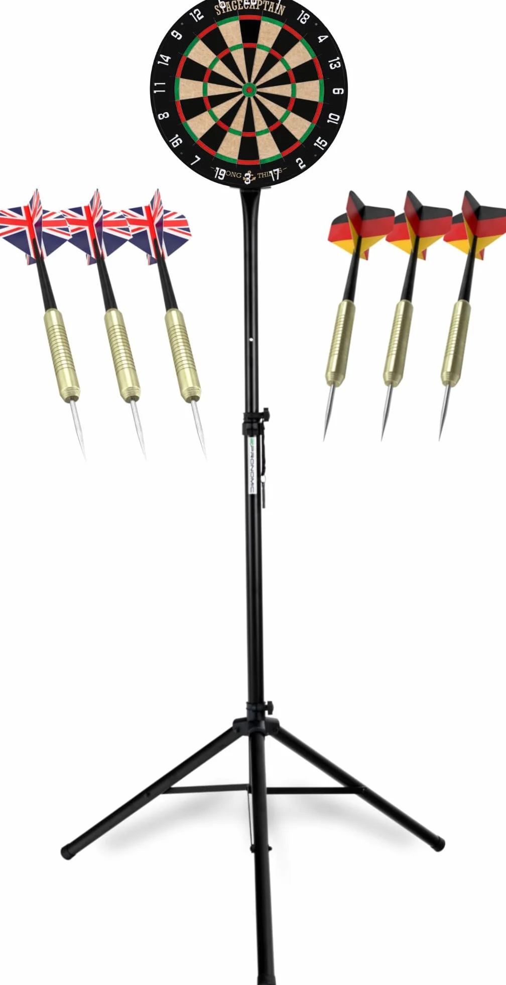Stagecaptain DBS-1715C Bullseye Champion kompletny zestaw do darta – profesjonalna stalowa tarcza do rzutek z sizalu – bezstopniowa regulacja wysokości stojaka ze stali – 6 rzutek do darta i 4 zestawy