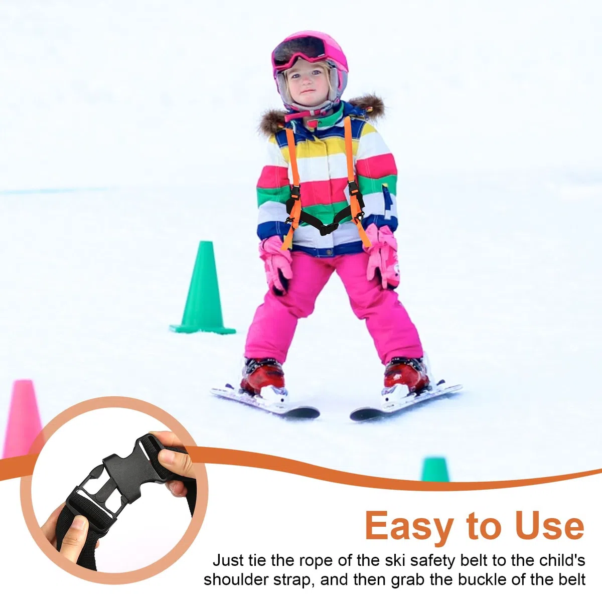 Pas bezpieczeństwa dla dzieci na narty i snowboard, regulowany pasek narciarski, wielokrotnego użytku, dla dzieci, chłopców, dziewczynek, początkujących (pomarańczowy)