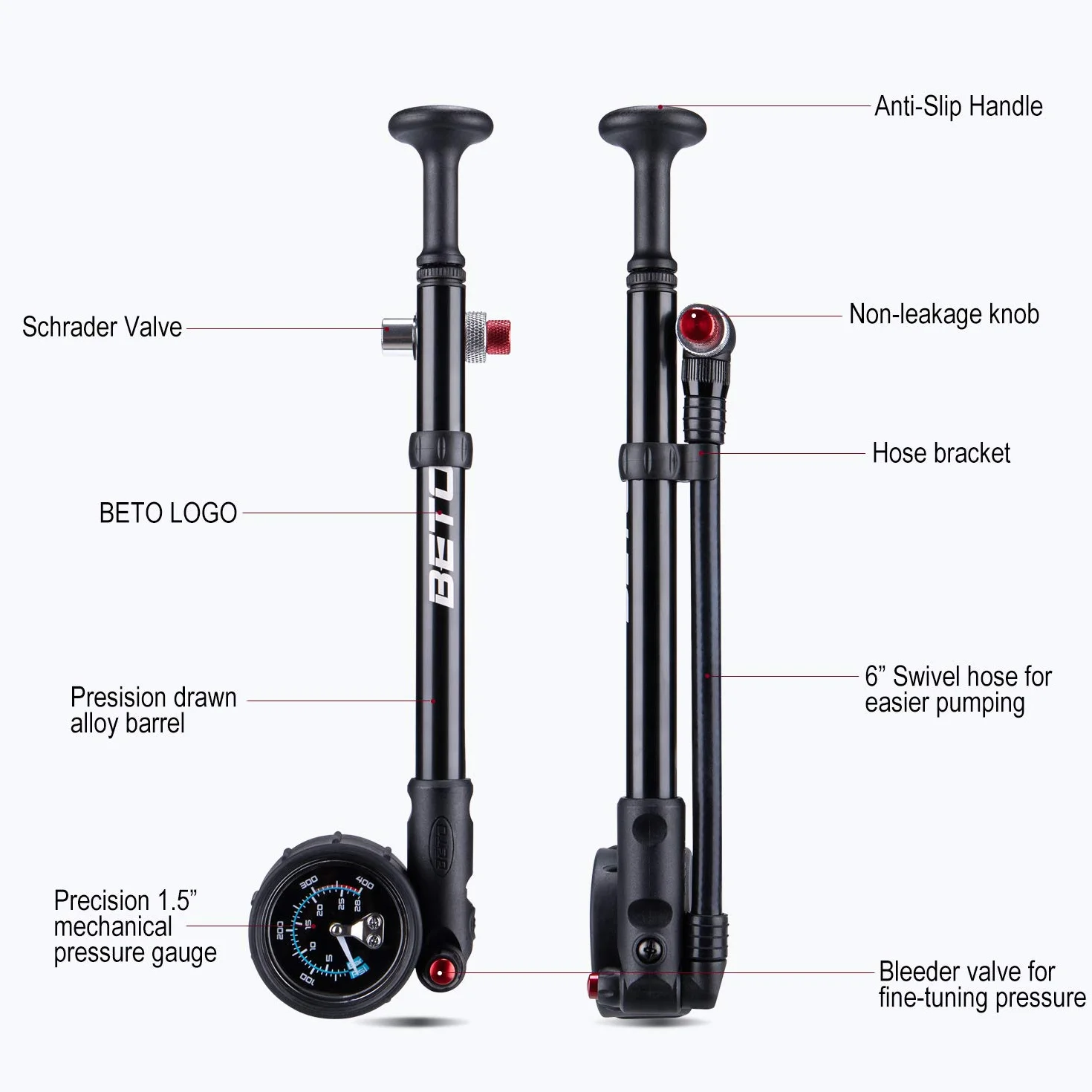 BETO Wysokociśnieniowa pompa wstrząsowa – (400 PSI Max) pompa amortyzacyjna do roweru MTB do zawieszenia widelca i tylnego zawieszenia z bezstratnym zaworem Schradera