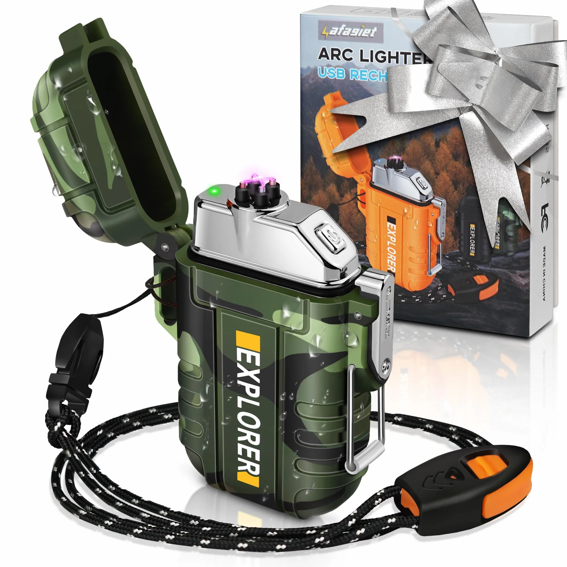 lafagiet Zapalniczka ładowana przez USB wodoodporna z podwójnym łukiem na kemping survival F13-Cmouflage
