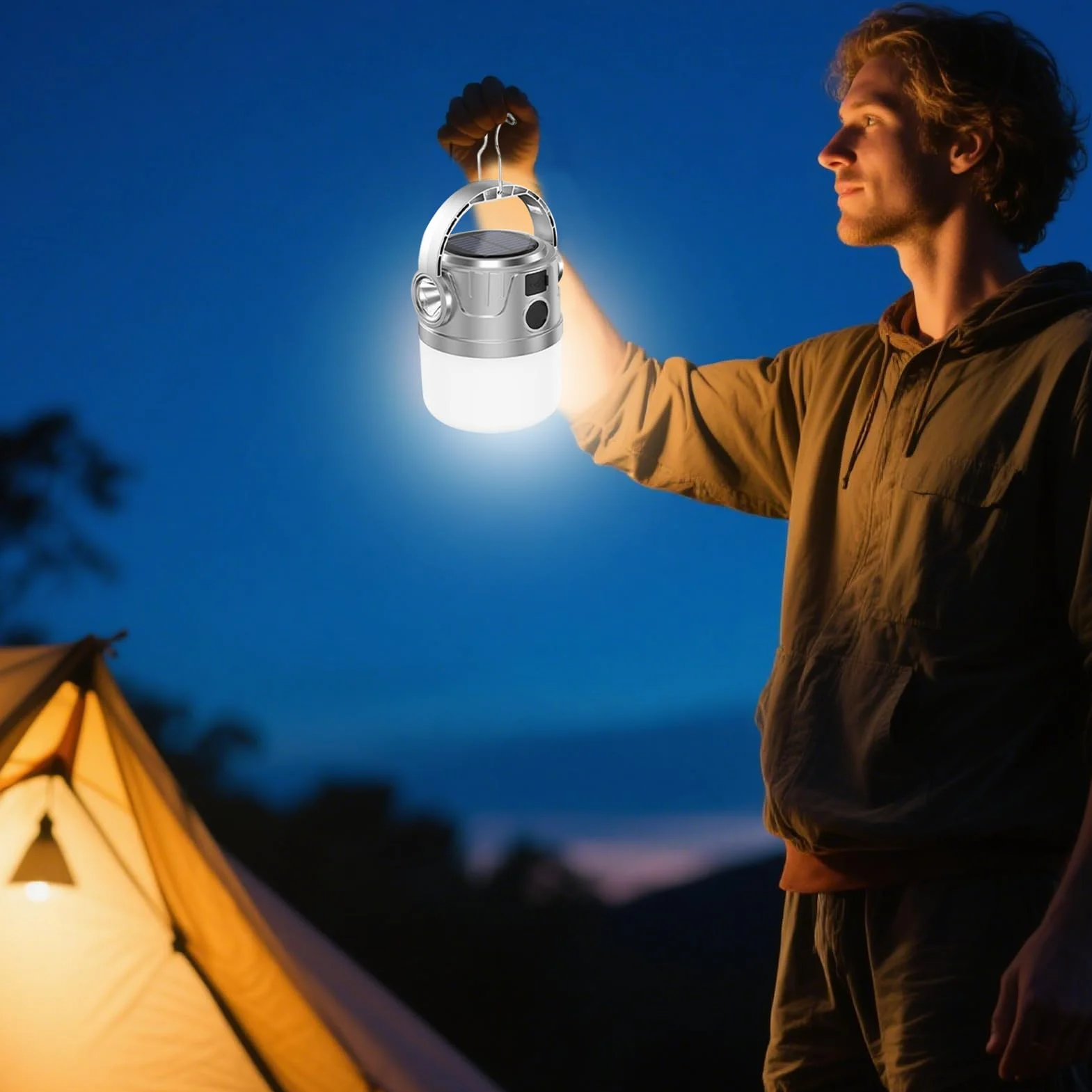 Lampa solarna na kemping | Latarnia kempingowa LED z możliwością ponownego ładowania, z USB, przenośna lampa outdoorowa z cyfrowym wyświetlaczem, na wędrówki, wędkowanie i kemping