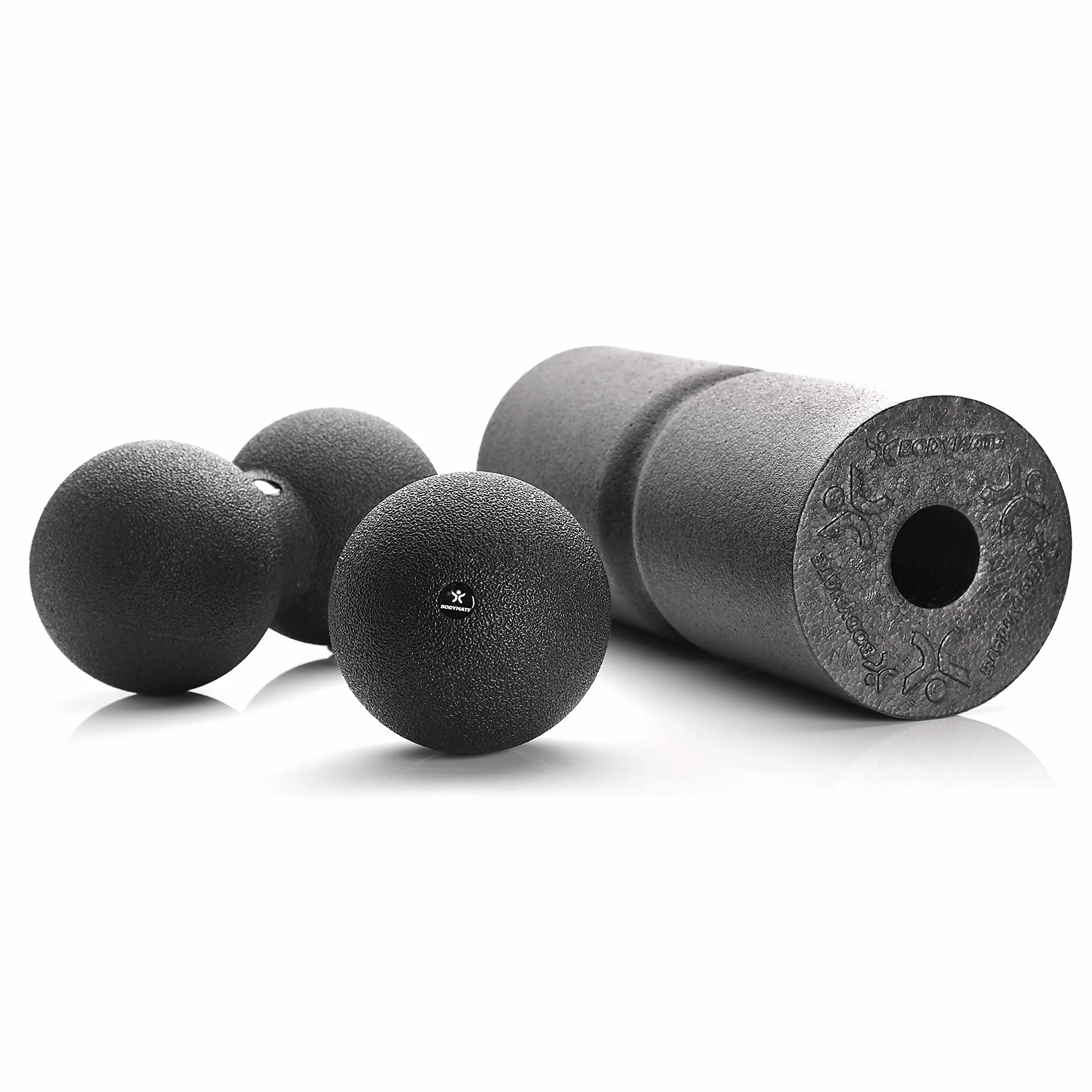 BODYMATE – zestaw do powięzi Care: wałek powięziowy Care 35 x 14 cm średniotwardy z rowkiem dla odciążenia kręgosłupa, piłka pojedyncza 12 cm i piłka podwójna 12 x 24 cm, kolor czarny + e-book