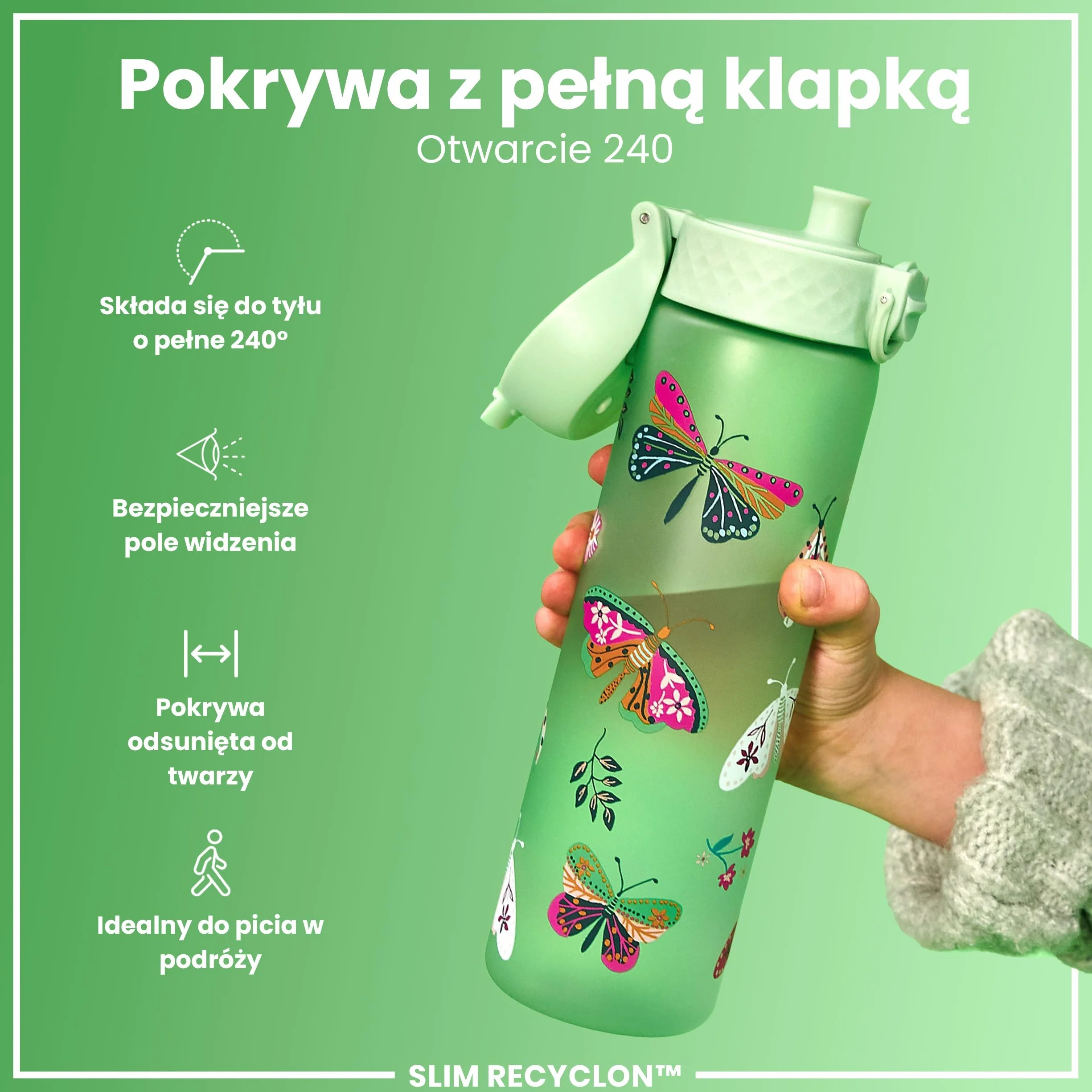ION8 Butelka na Wodę, 500 ml/18 oz, Szczelna, Łatwe Otwieranie, Bezpieczny Zamek, Można Myć w Zmywarce, Bez BPA, Higieniczne Pokrycie, Uchwyt do Przenoszenia, Łatwa Czyszczenie, Bezwonny, Dziki Motyl