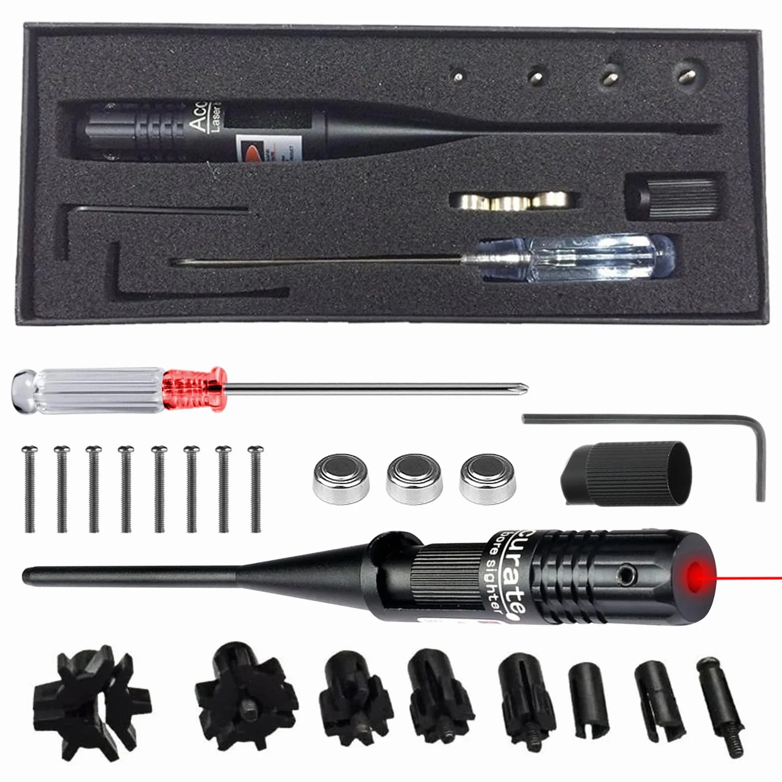 BORDEAG Bore Sighter, zestaw wizjera, kaliber od 22 do .50, lekki, Boresight, wysokiej jakości stop aluminium, kolimator Boresight do kalibracji poziomej (czerwone światło)