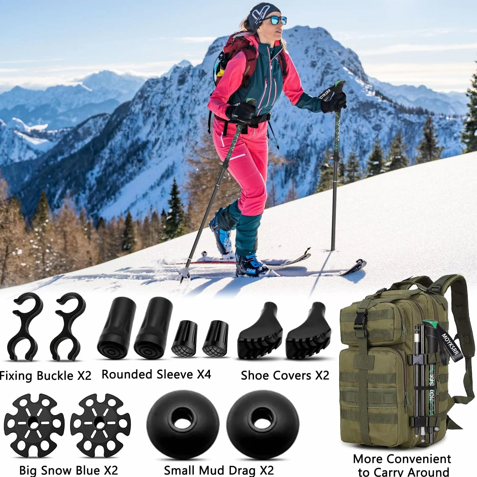 MOYKSRR Trekkingowe, teleskopowe kijka, kijki z włókna węglowego i aluminium, skladane, regulowane 108-135 cm, zamknięcie zaciskowe