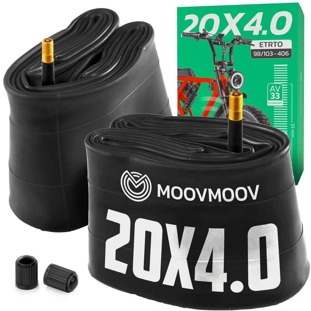 MOOVMOOV Dętka 20x4 z prawym zaworem Schradera (x2) - kompatybilna z Fat Bike/MTB/rowery elektryczne, bardzo wytrzymała guma butylowa, do opon 20 cali - 100-406