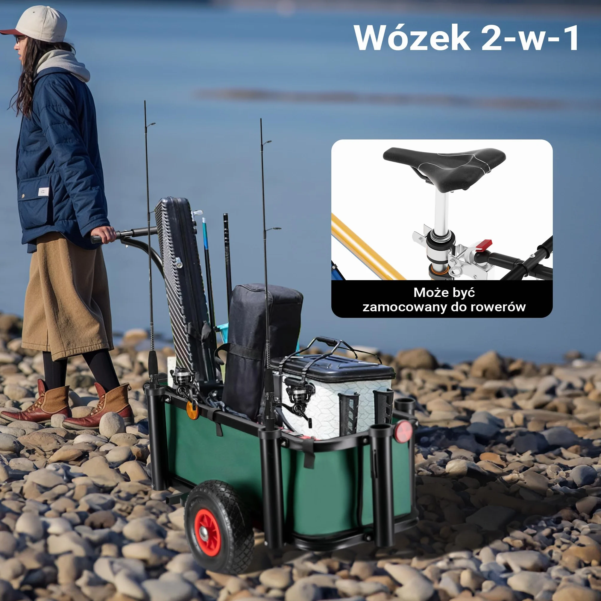 Wiltec Przyczepka rowerowa do 50 kg, z chorągiewką i 60 l koszem wodoodpornym 81 x 31 x 24 cm, wózek wędkarski transportowy do roweru