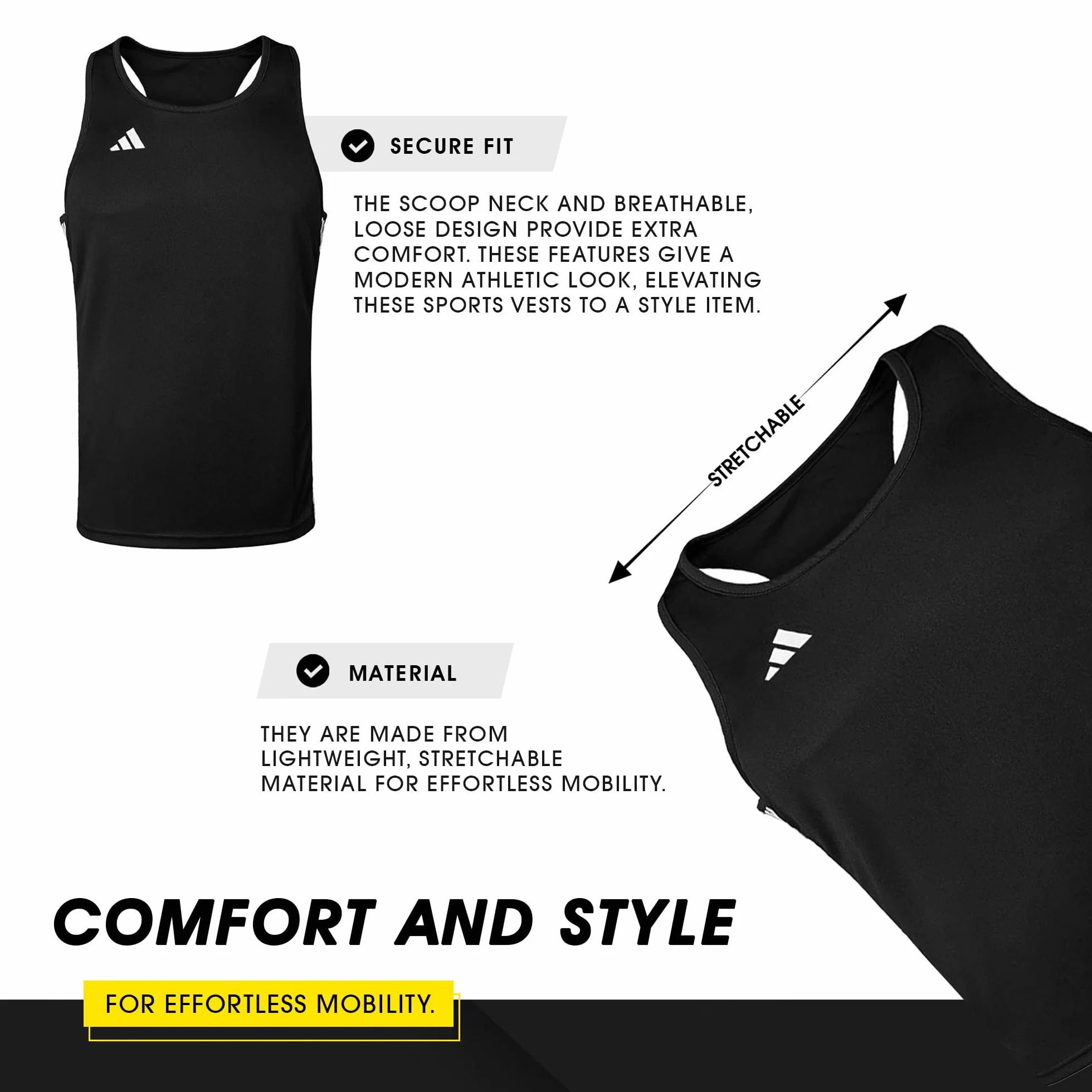 Adidas Kamizelka bokserska, tank top do fitnessu, ćwiczeń i treningów na siłowni, bez rękawów, lekki, rozciągliwy materiał, podstawowy stempel