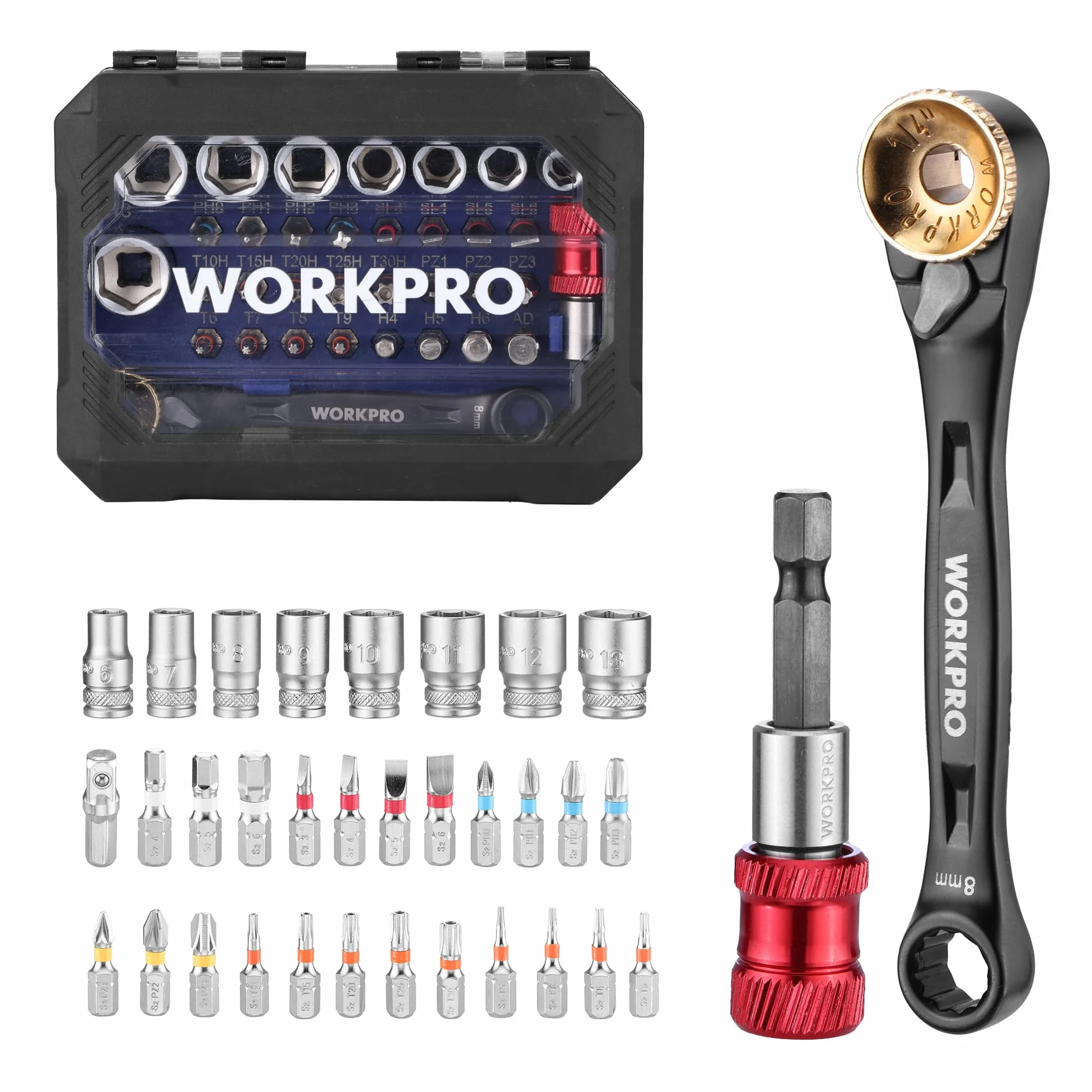 WORKPRO Zestaw nasadek 1/4" 34-częściowy, bity wkrętakowe S2, magnetyczny uchwyt