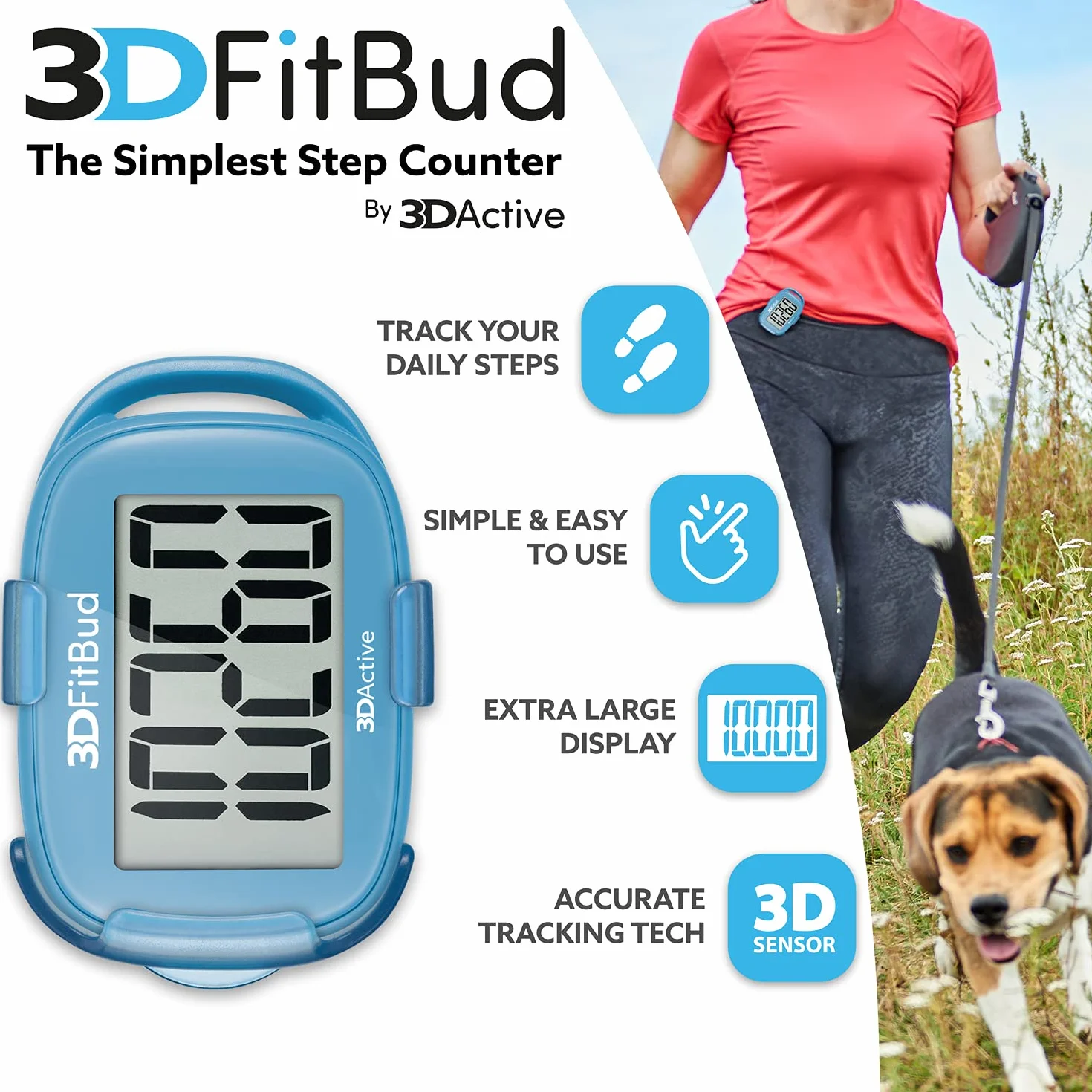 3DActive 3DFitBud Prosty krokomierz 3D z klipsem i smyczą, licznik kroków, duży wyświetlacz, łatwy w użyciu dla dzieci, dorosłych i seniorów, do śledzenia aktywności fizycznej A420S - Niebieski