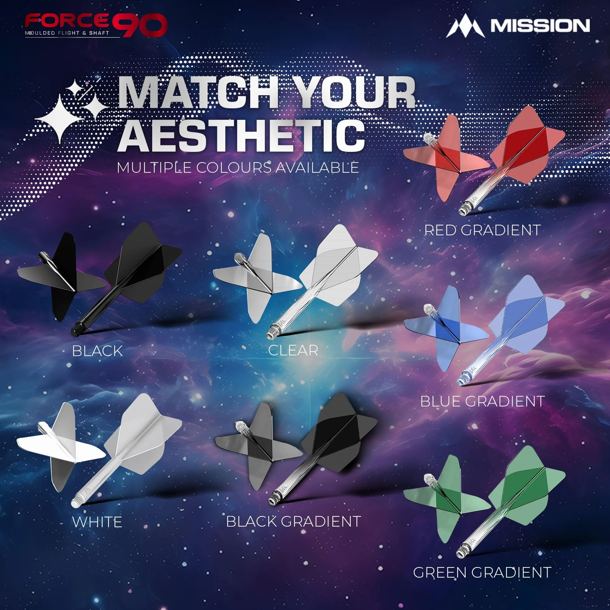 Mission Darts Force 90 | Zintegrowany precyzyjnie formowany system lotu i wałka do rzutek, 3 sztuki, profesjonalne, wysoce trwałe, kombinowane loty i łodygi 2 w 1, standard nr 6