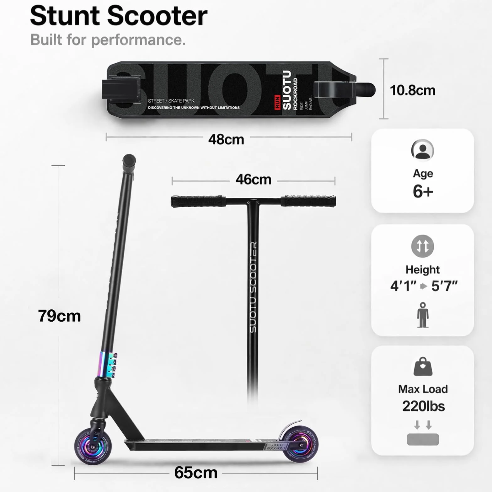 Hulajnoga Wyczynowe, Skrętne w 360°, Hulajnoga do Trików Wyczynowe z Kołami PU 100 mm, Stunt Scooter Dla Dzieci, Młodzieży i Dorosłych, Nośność: 100 kg, Aluminium