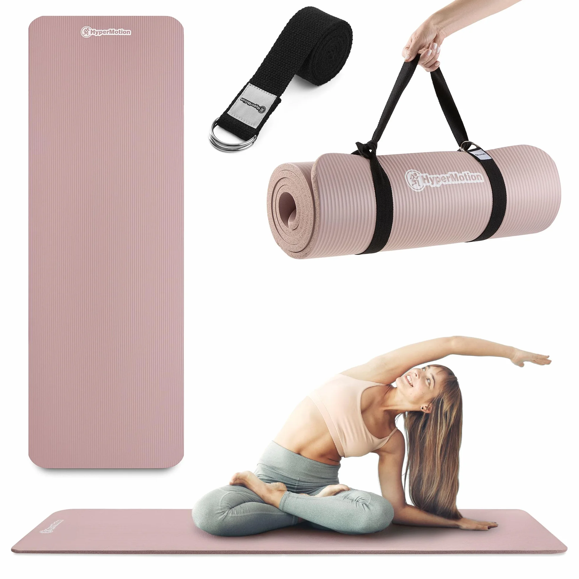 HyperMotion Mata do Ćwiczeń Fitness i Jogi NBR 183x61x1,5 cm Brudny Róż, Antypoślizgowa 15 mm, z Paskiem do Ćwiczeń i Przenoszenia, Gruba Mata do Jogi, Pilates i Stretchingu