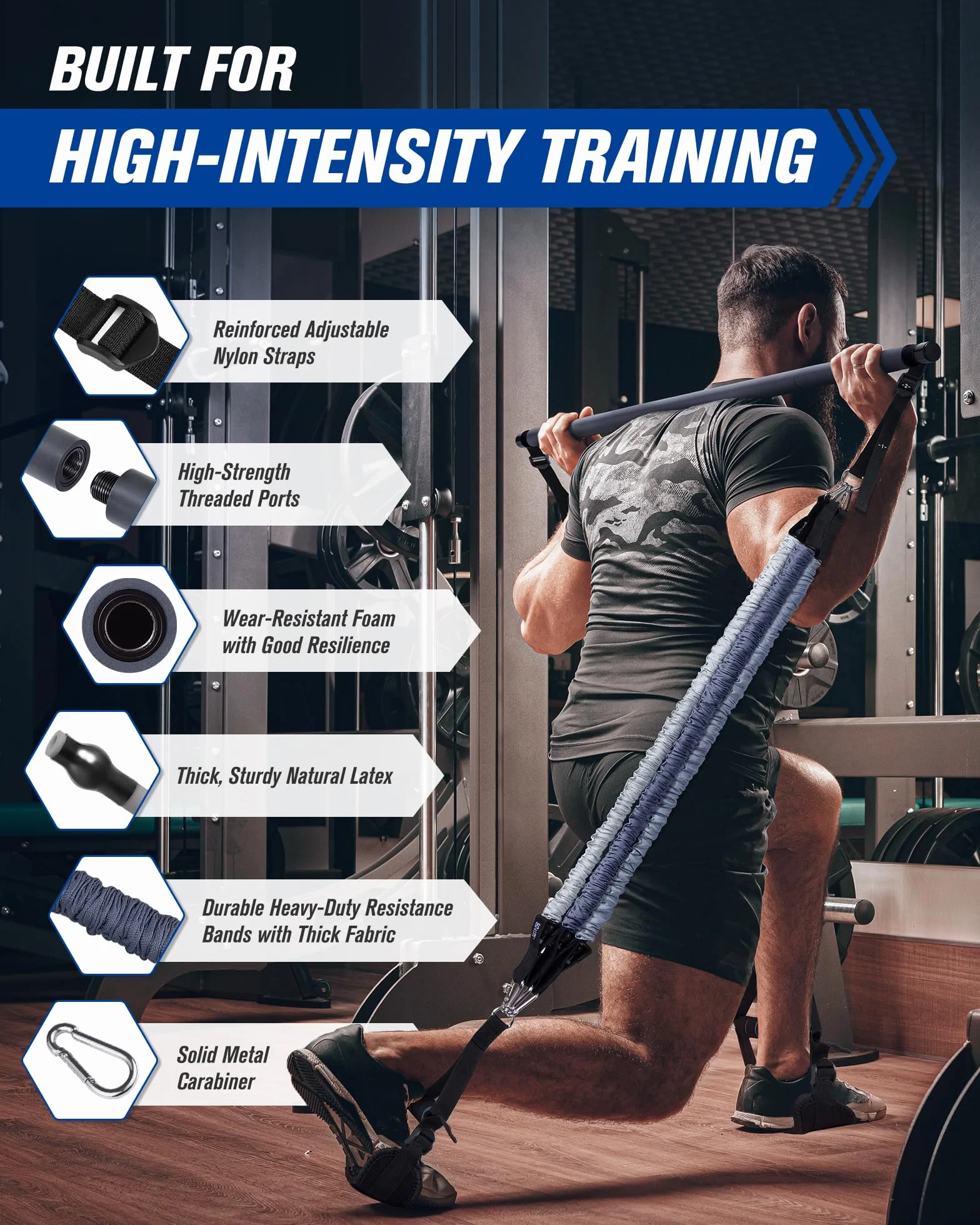 ALongSong Zestaw opasek oporowych dla mężczyzn z pilatesem zestaw 6 lateksowych taśm do ćwiczeń 23-163 kg/uchwyty drzwi/kotwica sprzęt do pilatesu do domu siłowni treningu fitness