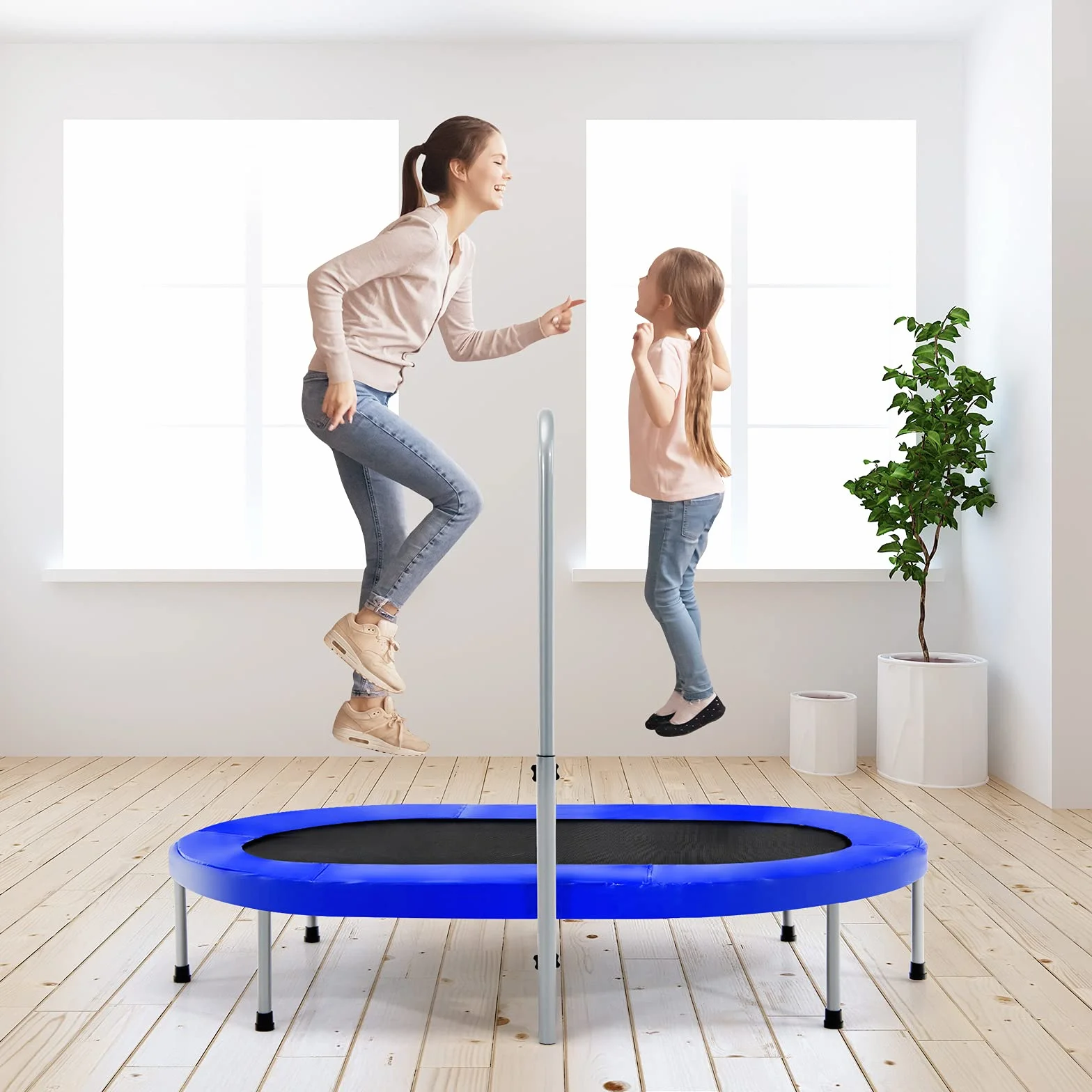 COSTWAY Trampolina dla 2 osób z uchwytem o regulowanej wysokości, obciążająca do 150 kg, składana (niebieska)