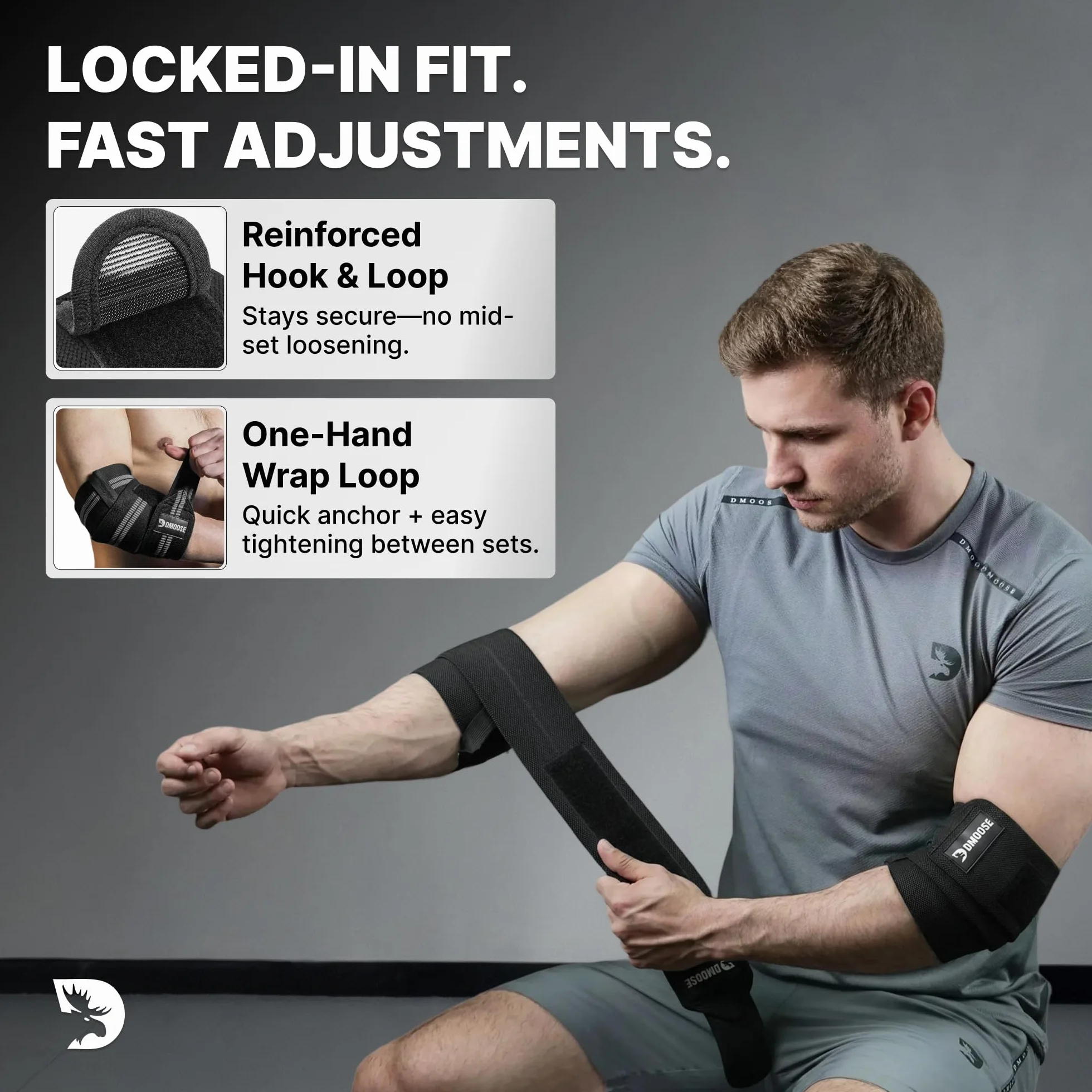 DMoose Fitness - Ochraniacze na łokcie do podnoszenia ciężarów (para), regulowany bandaż do wspierania stawów, łagodzenia bólu – ochraniacze na łokcie do treningu w studiu fitness