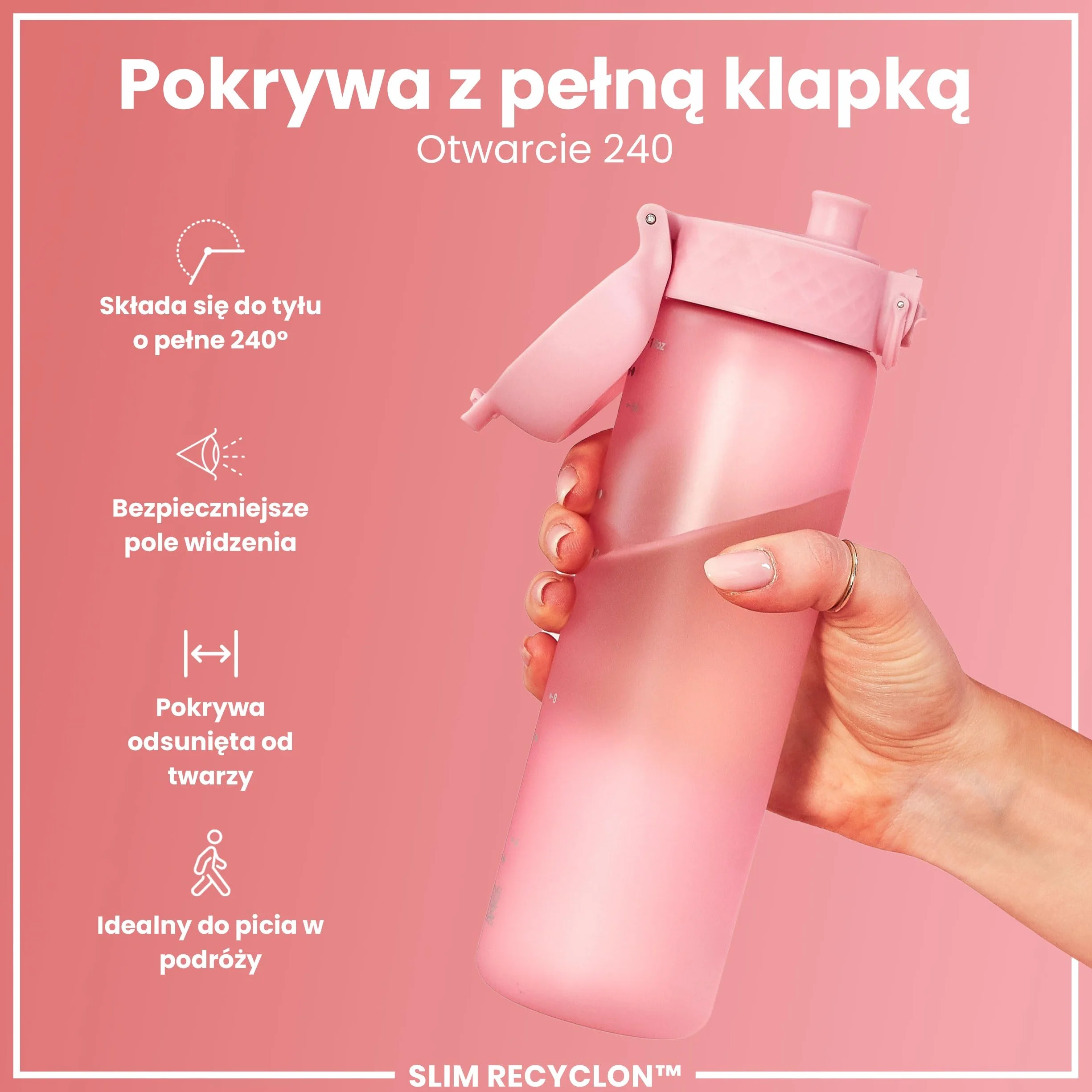 ION8 Butelka na Wodę, 500 ml/18 oz, Szczelna, Łatwe Otwieranie, Bezpieczny Zamek, Można Myć w Zmywarce, Bez BPA, Higieniczne Pokrycie, Uchwyt do Przenoszenia, Łatwa Czyszczenie, Bezwonny, Jasny Róż