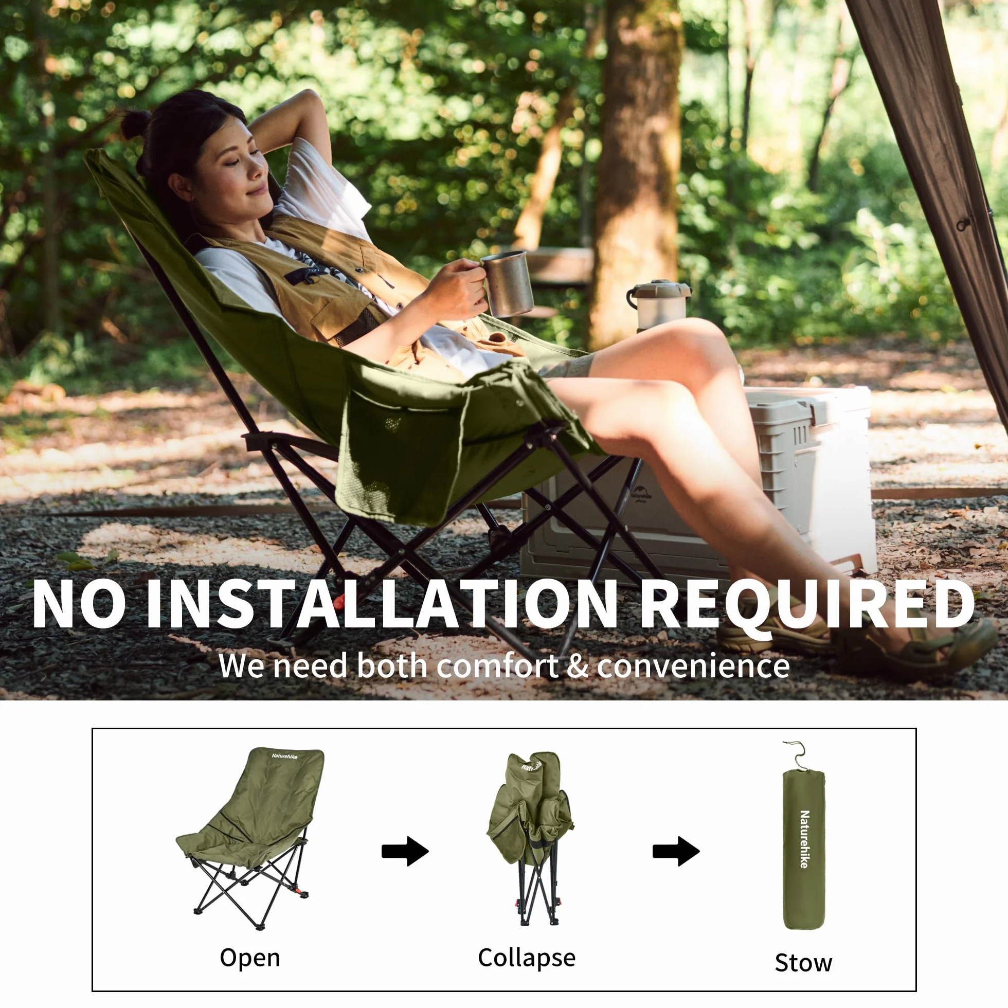 Naturehike Sea Star Krzesło Składane Lehkie Krzesło Kempingowe Z Wysokim Oparciem Większe Krzesło Kempingowe Wyściełane XXL Z Torbą Relax Krzesło Do Campingów Ogrodu Balkonu Plaży (Zielony)