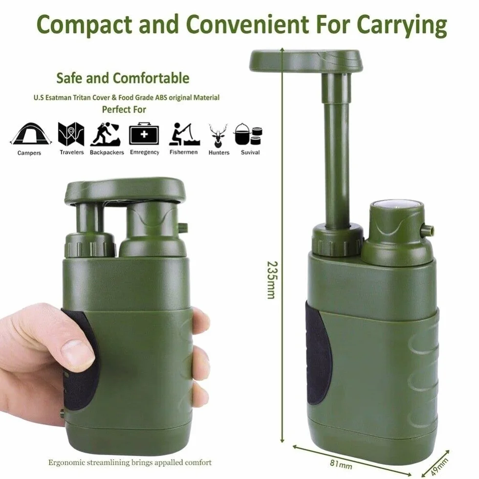 Namvo Filtr do wody, outdoorowy uzdatnianie wody pitnej, 3000 l, survivalowy, kempingowy, filtr do wody, do wyposażenia awaryjnego Prepper - Army Green