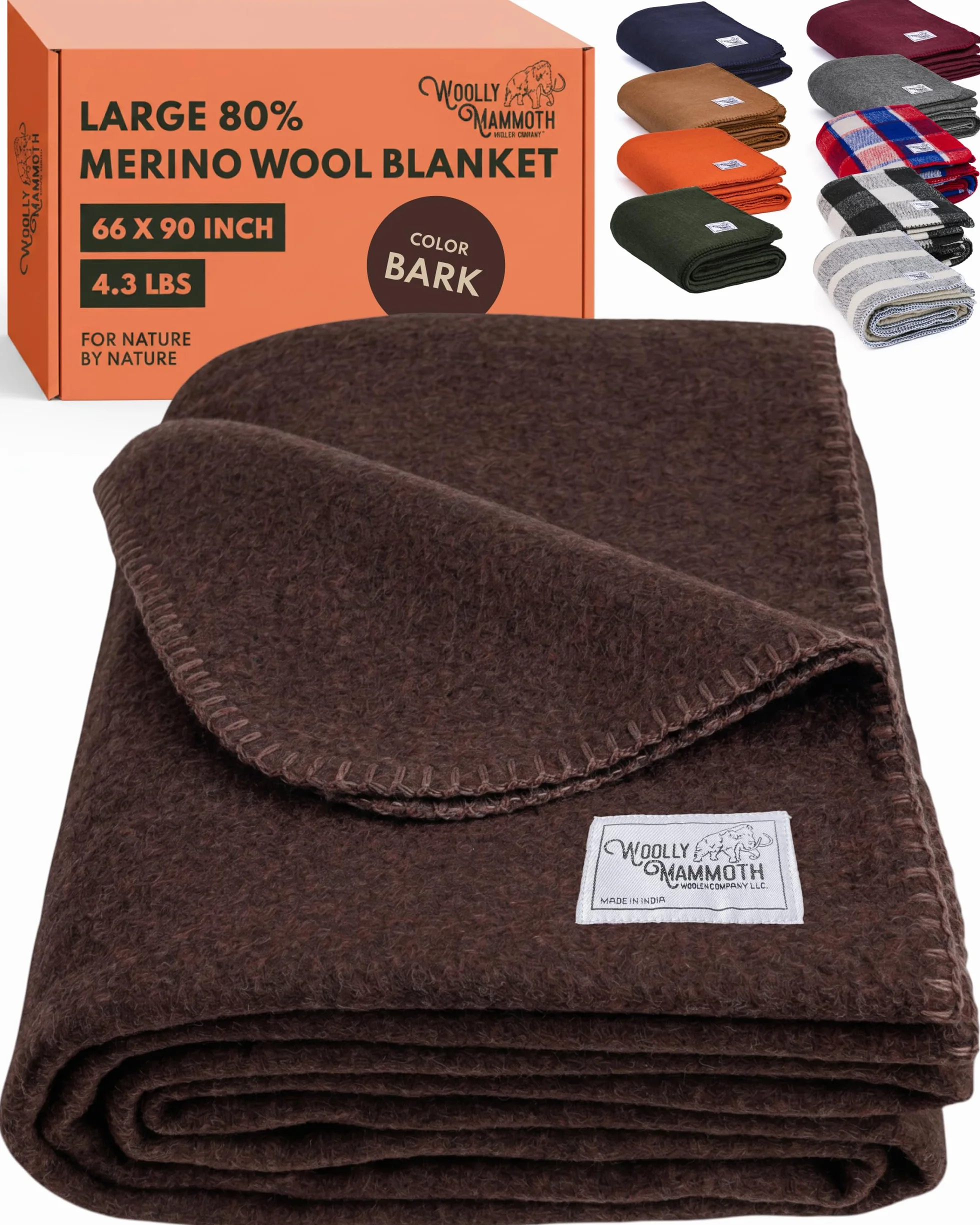 Woolly Mammoth Woolen Co. bardzo duży koc kempingowy z wełny merynosów, idealny sprzęt outdoorowy, do krzaków, biwakowania, trekkingu, wędrówek, survivalu lub jako narzuta do kabiny. (brązowy), 168 cm