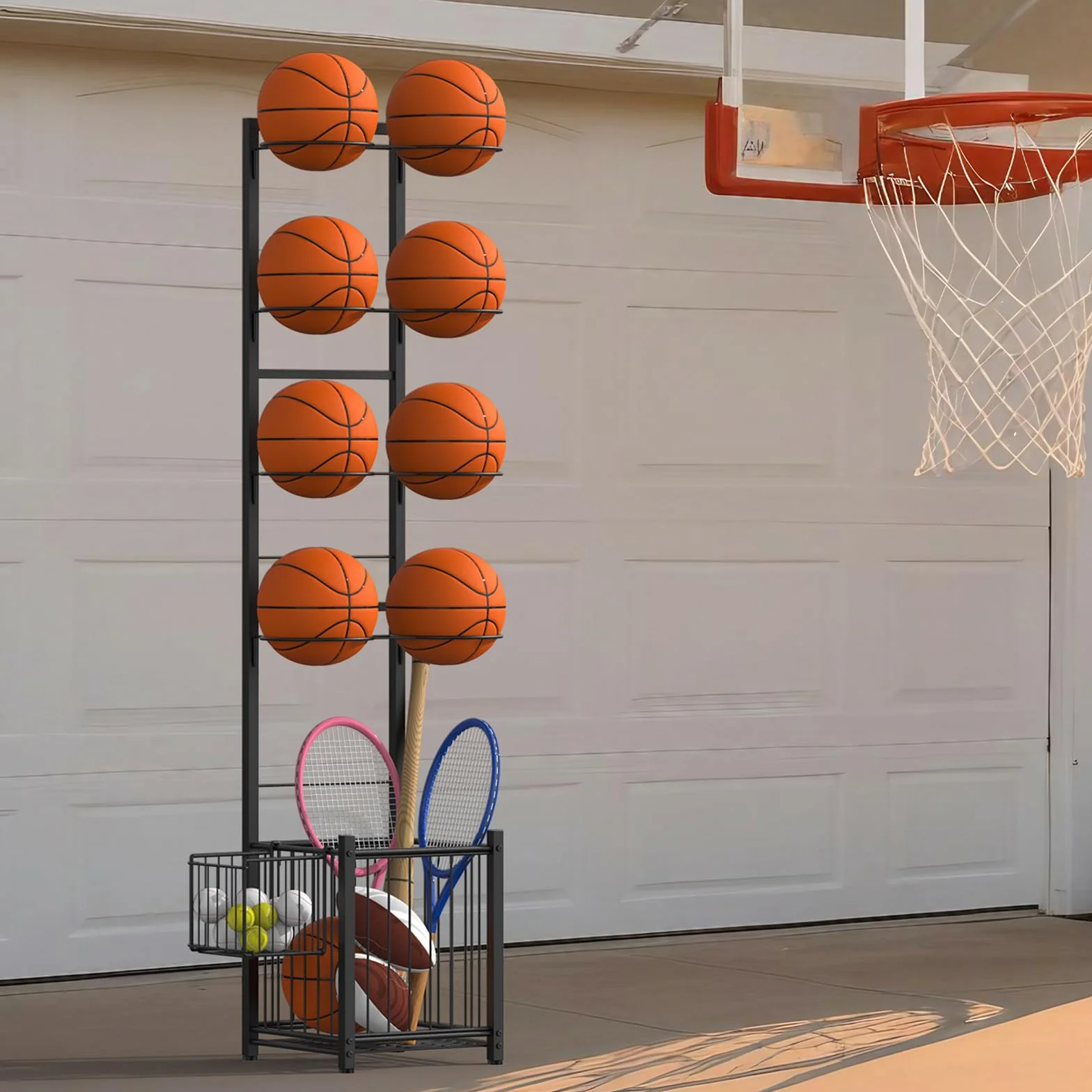 CADUKE Basketball Storage Rack for Garage, 8 Balls Holder for Sports Indoor Outdoor Black