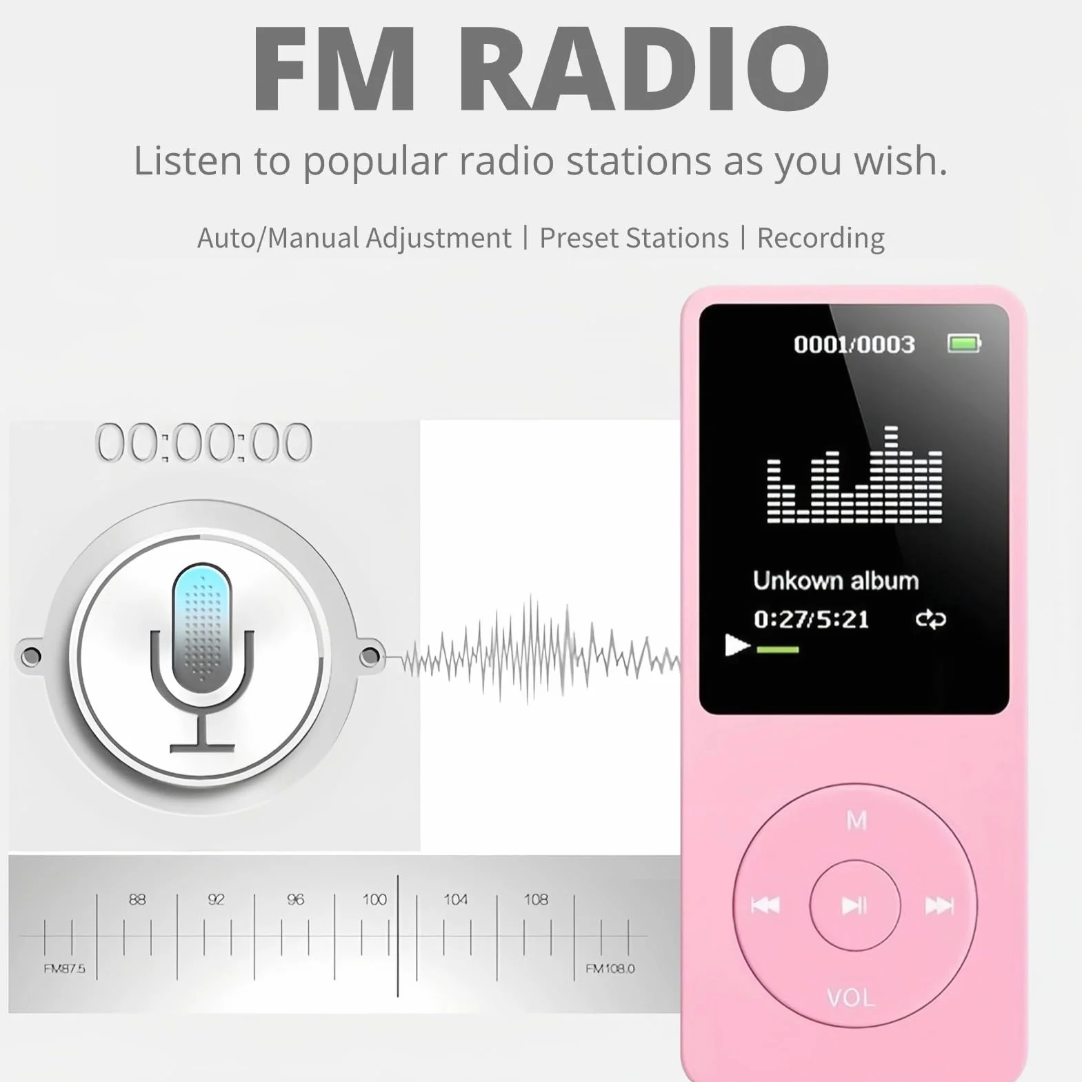 Odtwarzacz MP3 MP4 dla Dzieci 1,8 Cala Ekran HD Radio FM Słuchawki Przenośny Audio HiFi Dyktafon Różowy