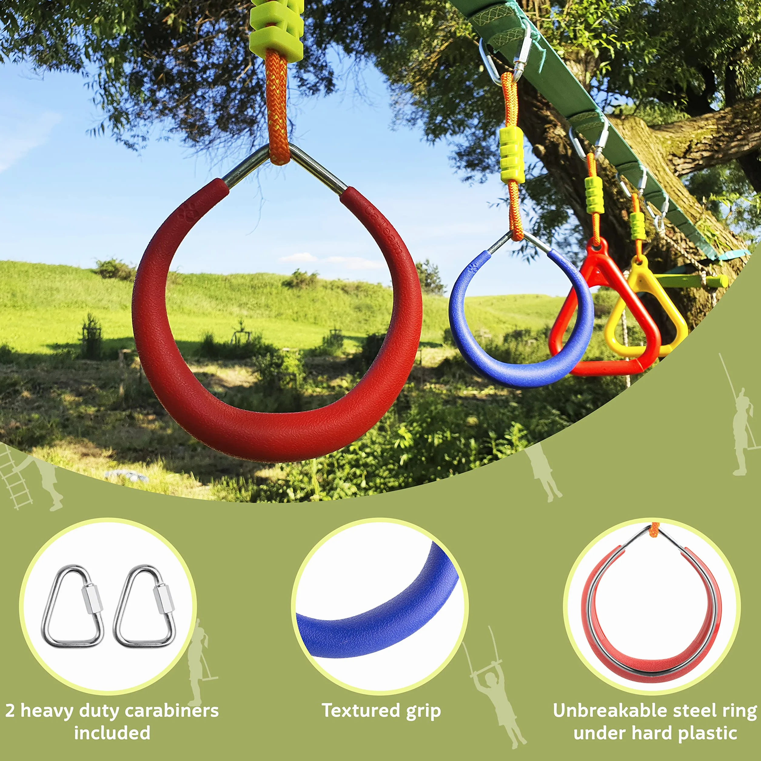 Cateam Ninja Slackline akcesoria - wielokolorowe pierścienie gimnastyczne zestaw 2-częściowy z karabińczykami - pierścienie do drążków wspinaczkowych do jazdy na podwórku