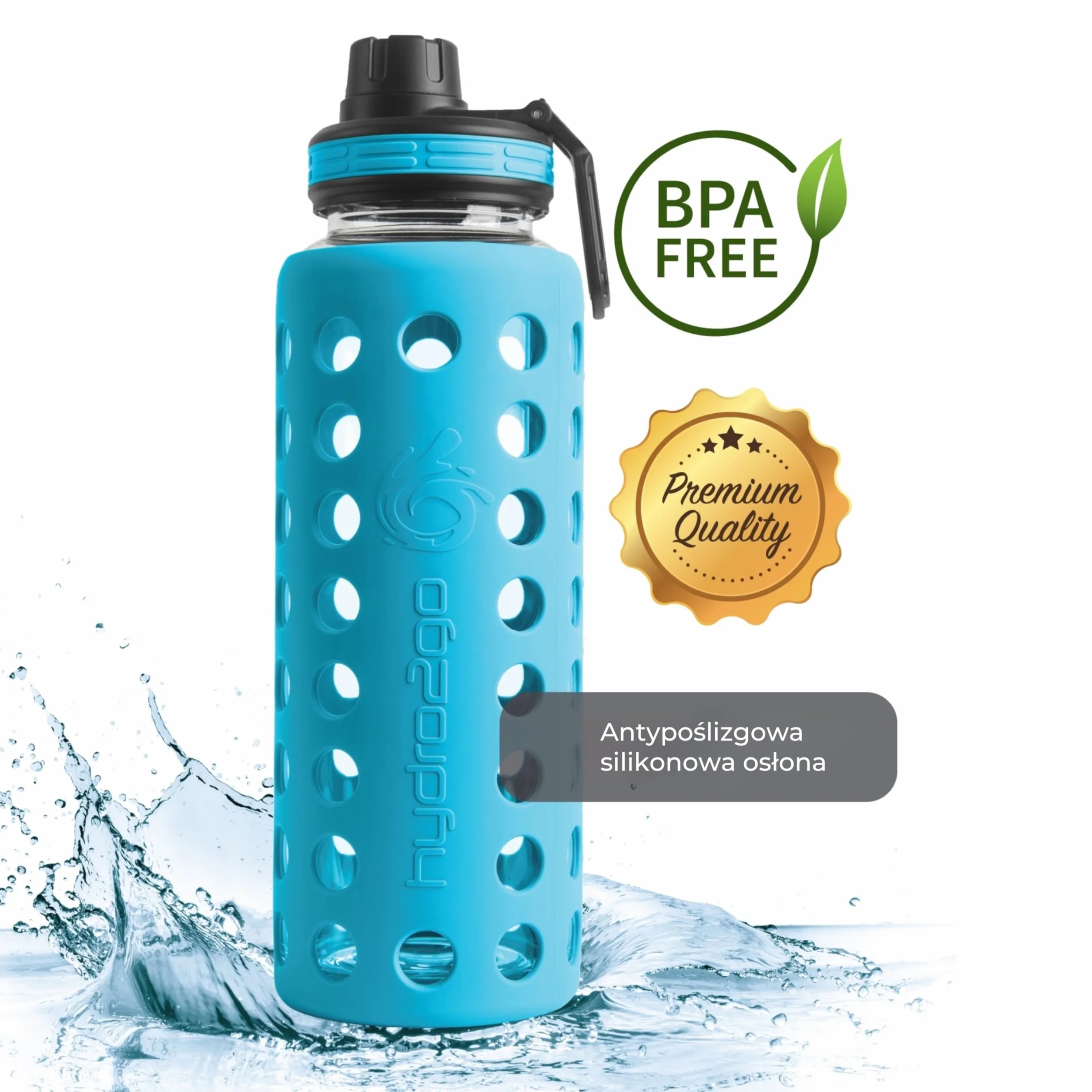 Hydro2go Butelka Szklana 950 ml z Osłoną Silikonową Wodoszczelna Bez BPA 2 Wymienne Nakrętki Coral Blue